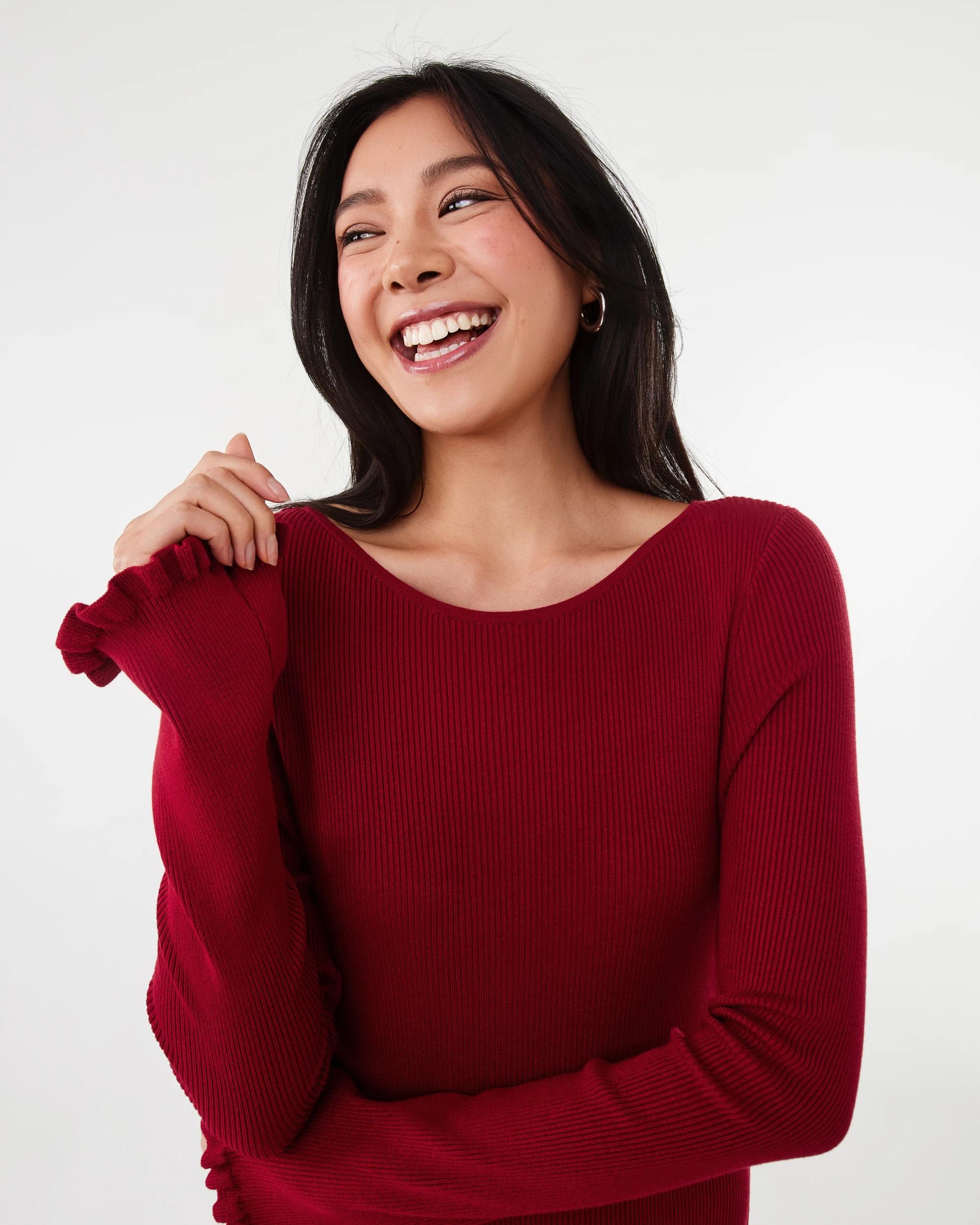 5 Long Sleeve True Knit Frill Detail Mini Dress Spice Red, 5 of 8