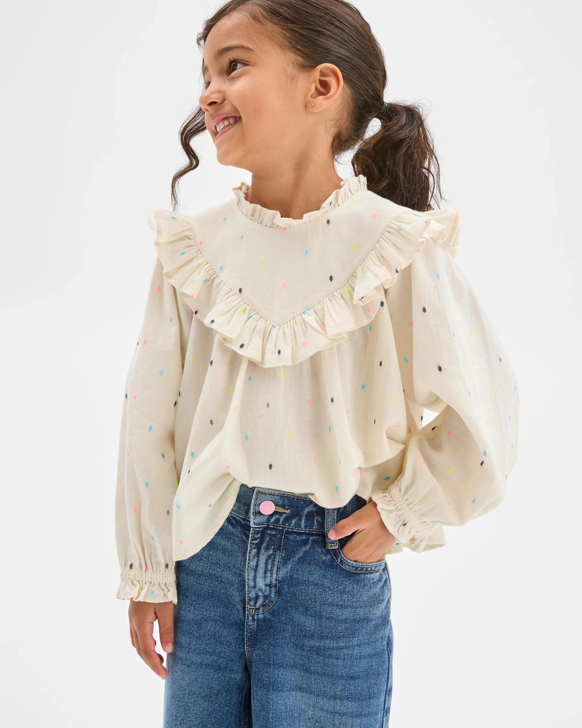 2 Target Kids Long Sleeve Fashion Woven Frill Blouse CREAM, 2 of 6