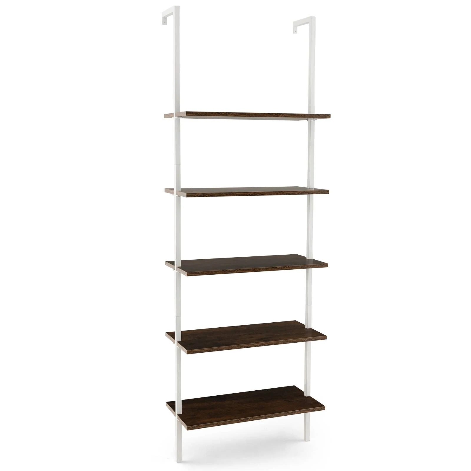1 Costway 5-Tier Ladder Shelf Wall Mounted Bookshelf Bookcase w/Steel Frame Display Storage Rack - Brown, 1 of 4