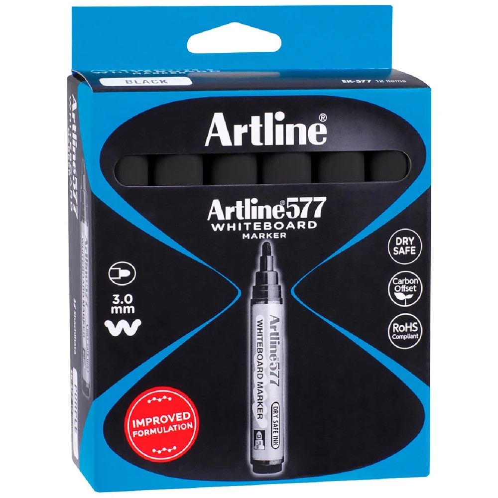 1 Artline 577 Whiteboard Markers Bullet Black 12 Pack, 1 of 3