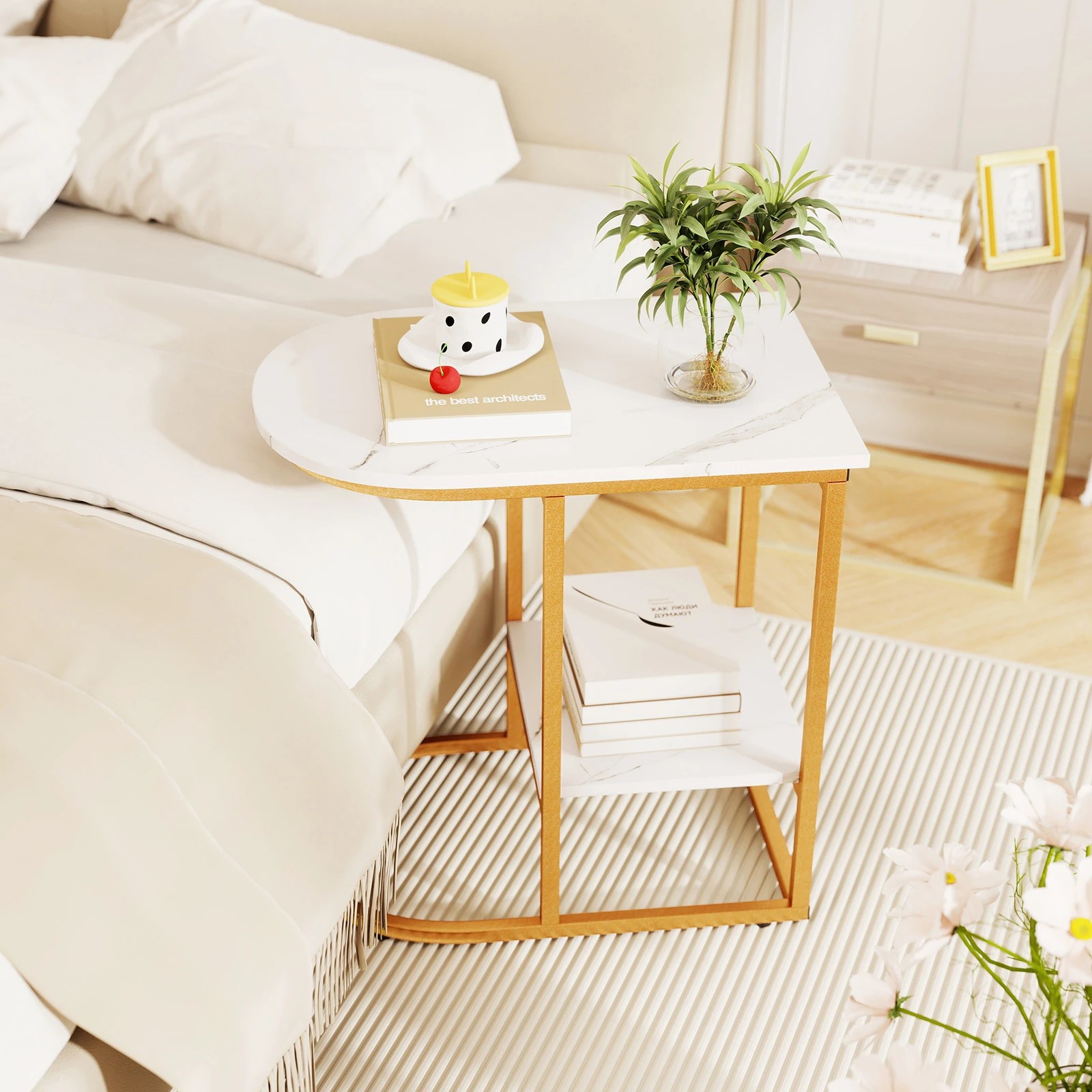 3 Costway C-shaped End Table Modern Sofa Side Table w/Faux Marble Tabletop & Storage Shelf, 3 of 3