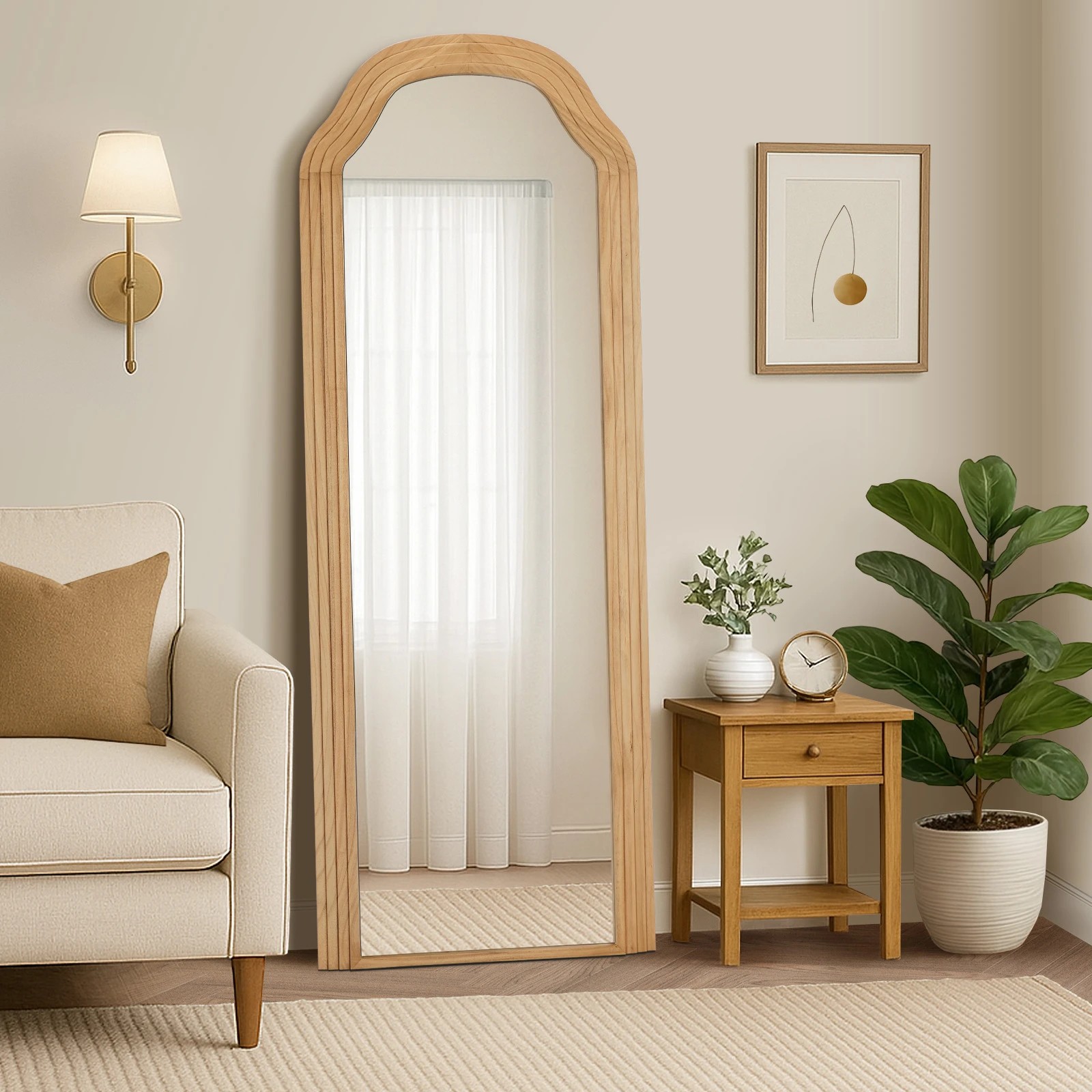 3 Oikiture Full Length Mirror Floor Makeup Mirrors 165x60cm Wood Bedroom - Natural, 3 of 10
