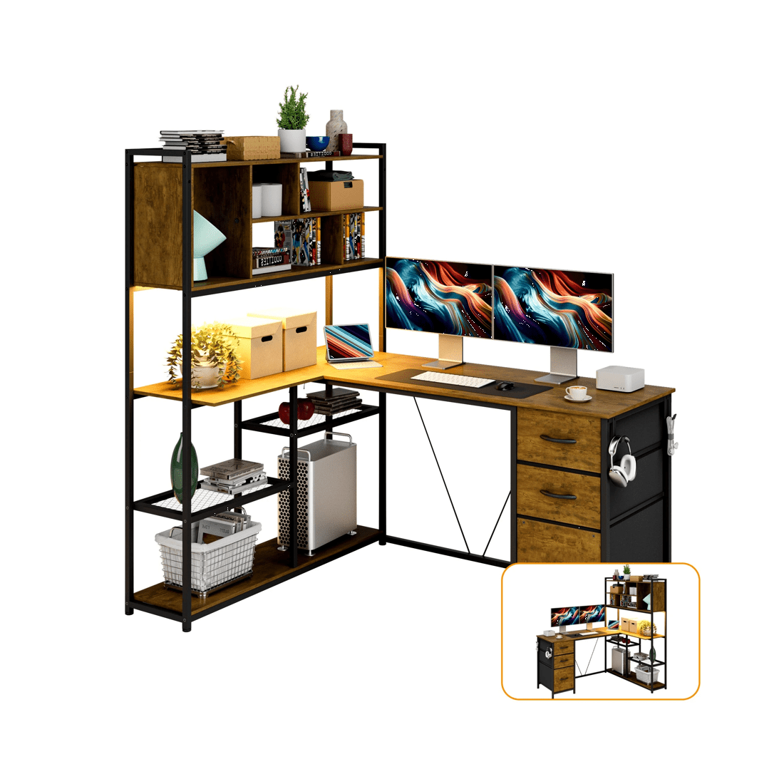 1 Advwin L Shaped Gaming Desk With Led Lights Reversible 148cm Computer Desk With 3 Drawers And Bookshelf Walnut, 1 of 9