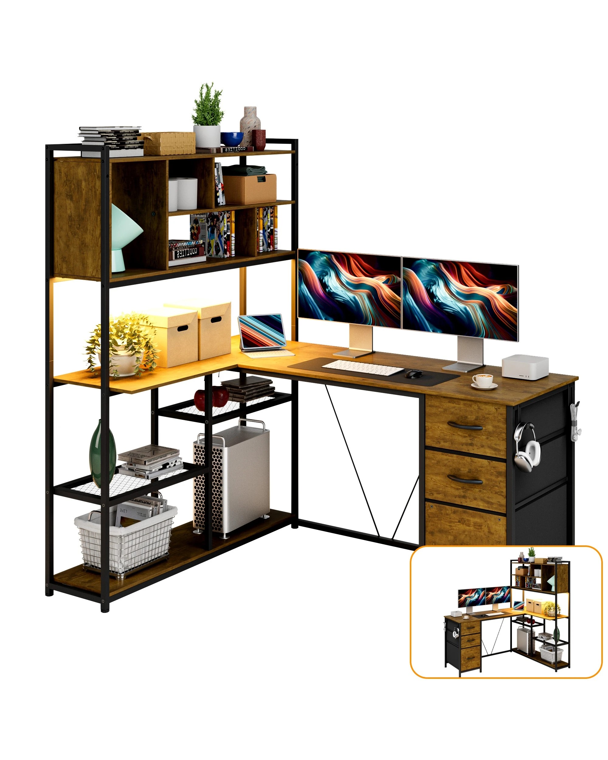 1 Advwin L Shaped Gaming Desk With Led Lights Reversible 148cm Computer Desk With 3 Drawers And Bookshelf Walnut, 1 of 9