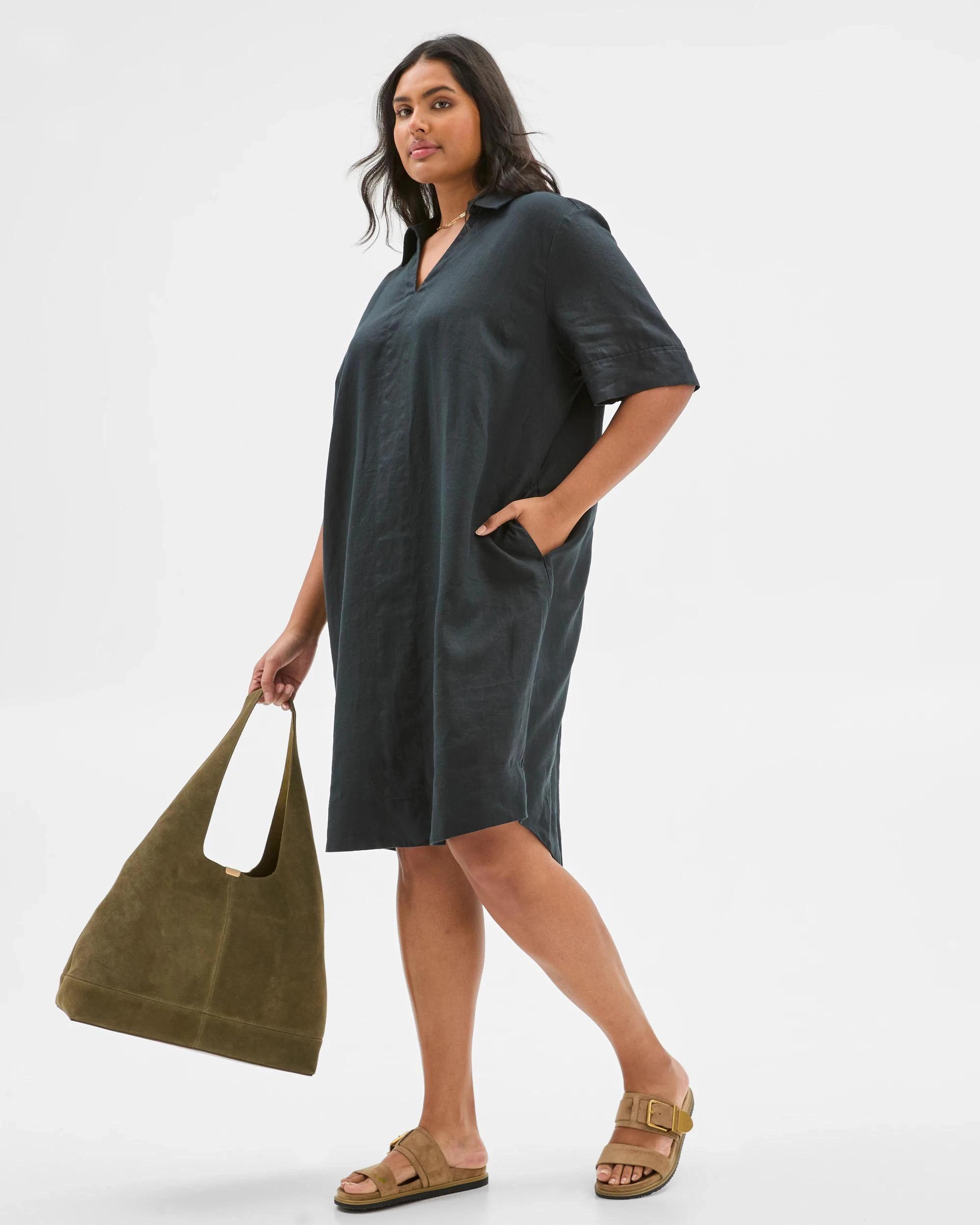 3 Target Curve Plus Size European Linen Popover Dress BLACK, 3 of 5
