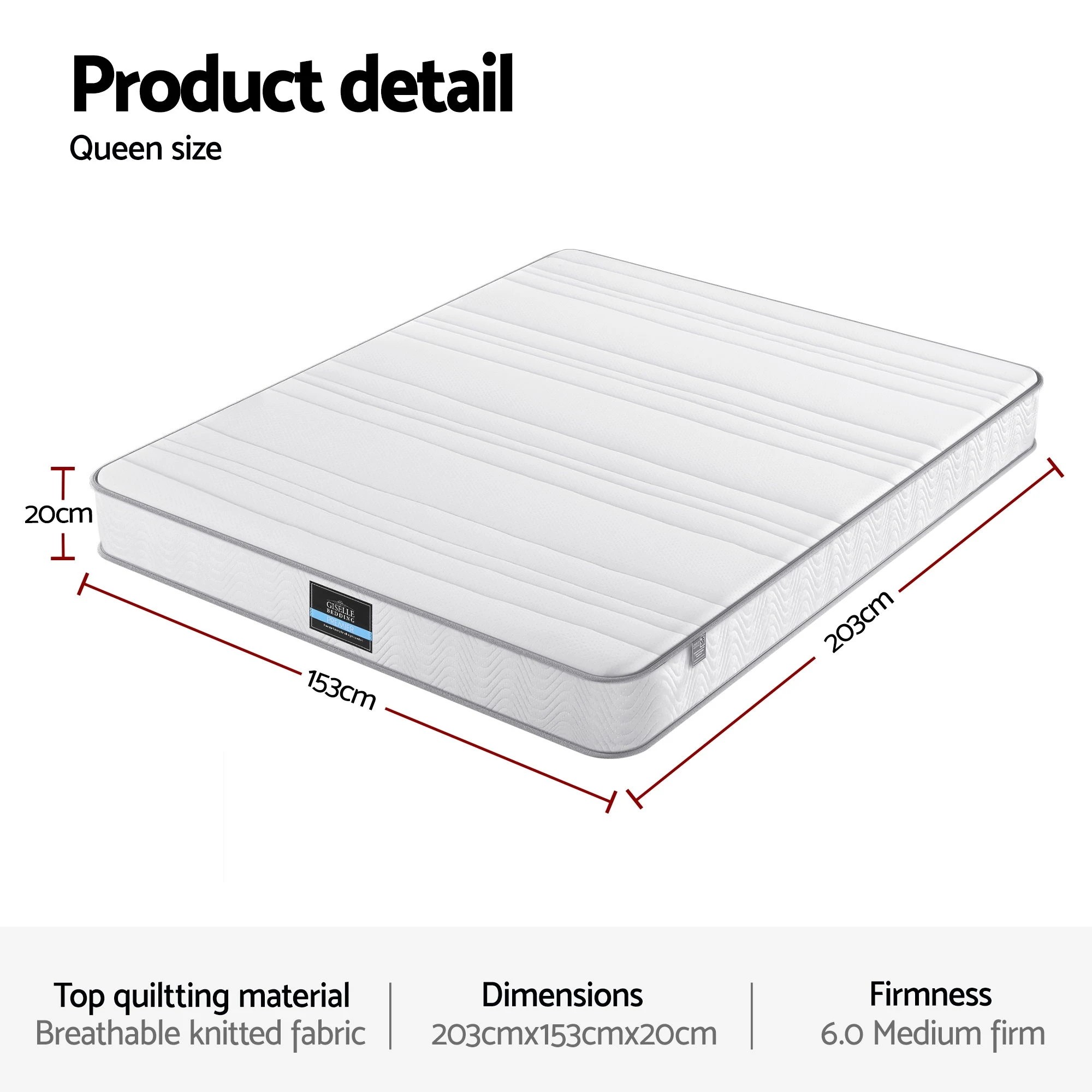 2 Giselle Queen Mattress 20cm with Reinforced Edge Support Egg-Crate - Queen Bed - White, 2 of 3
