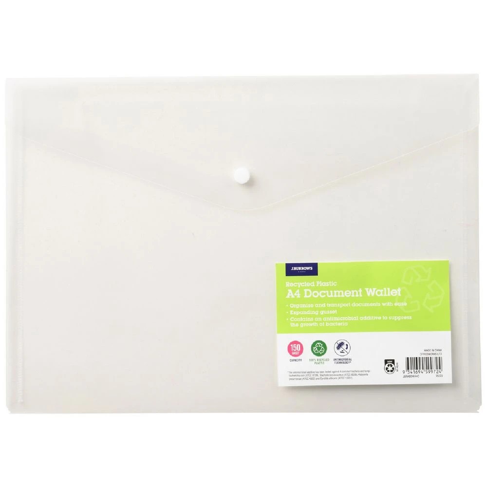 1 J.Burrows Antibacterial A4 Document Wallet Clear, 1 of 3