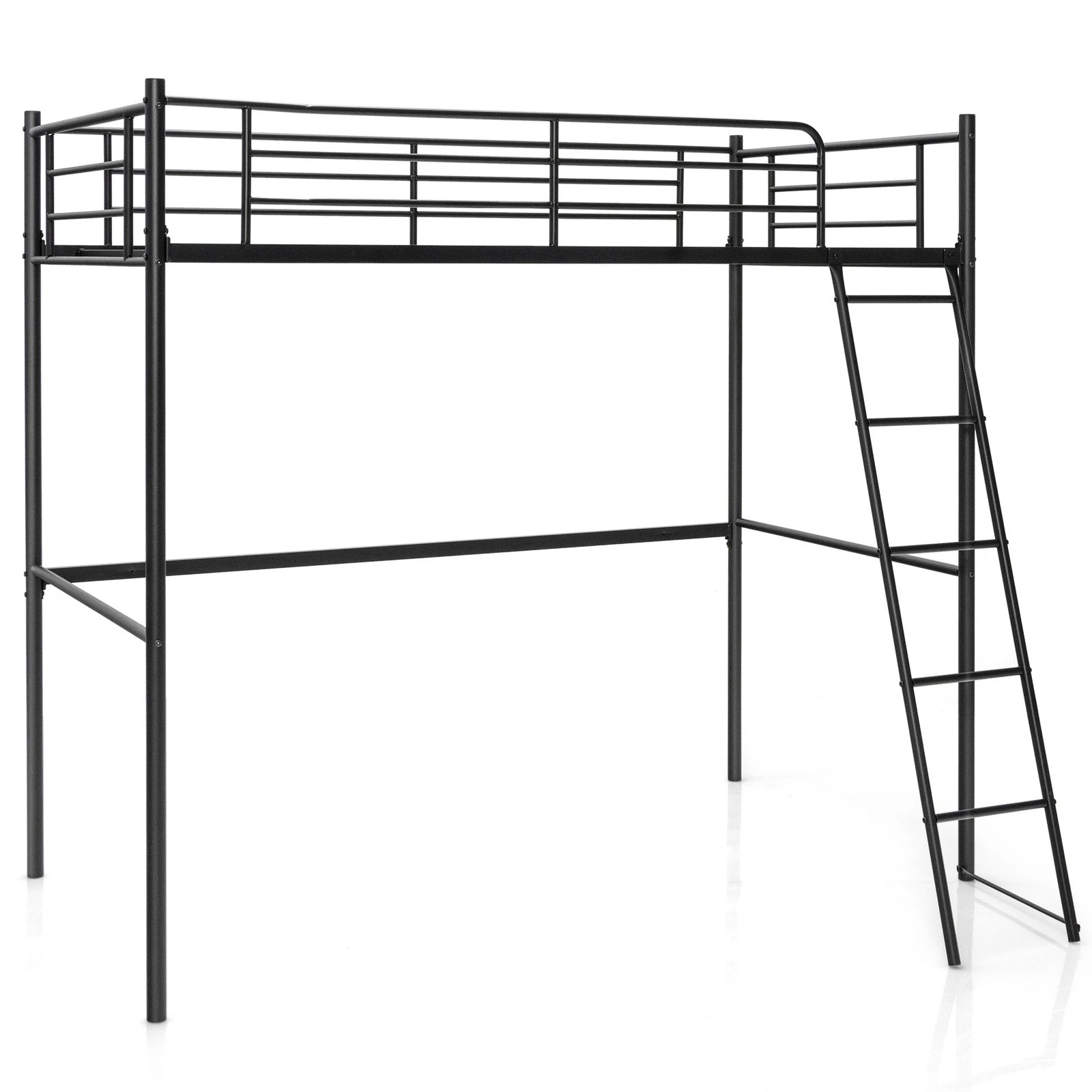 1 Costway Single Loft Bed Frame Steel Bed Base w/High Guard Rails, 1 of 5