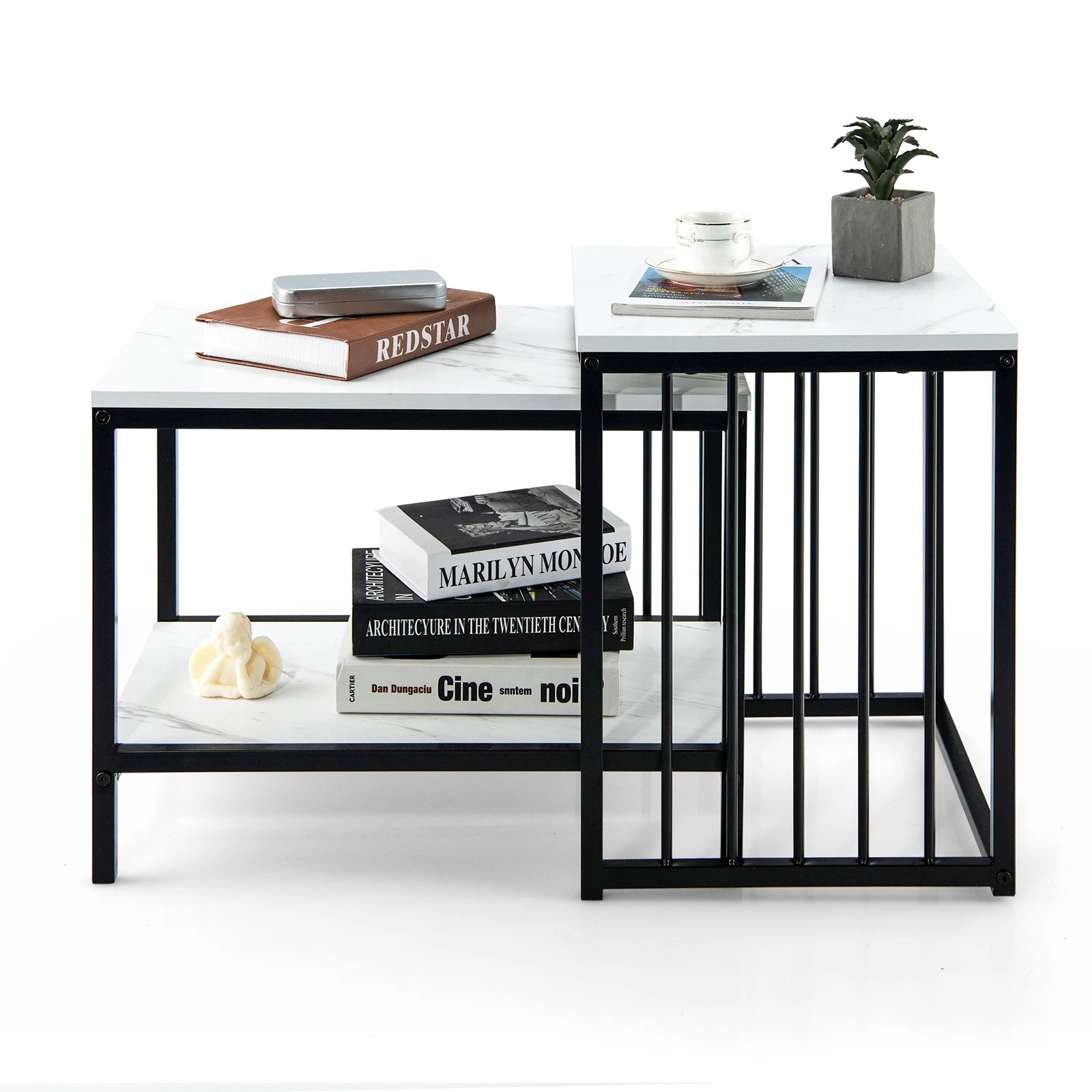 6 Costway Set of 2 Nesting Coffee Tables Rectangle Sofa Side Table w/Storage Shelf, 6 of 6