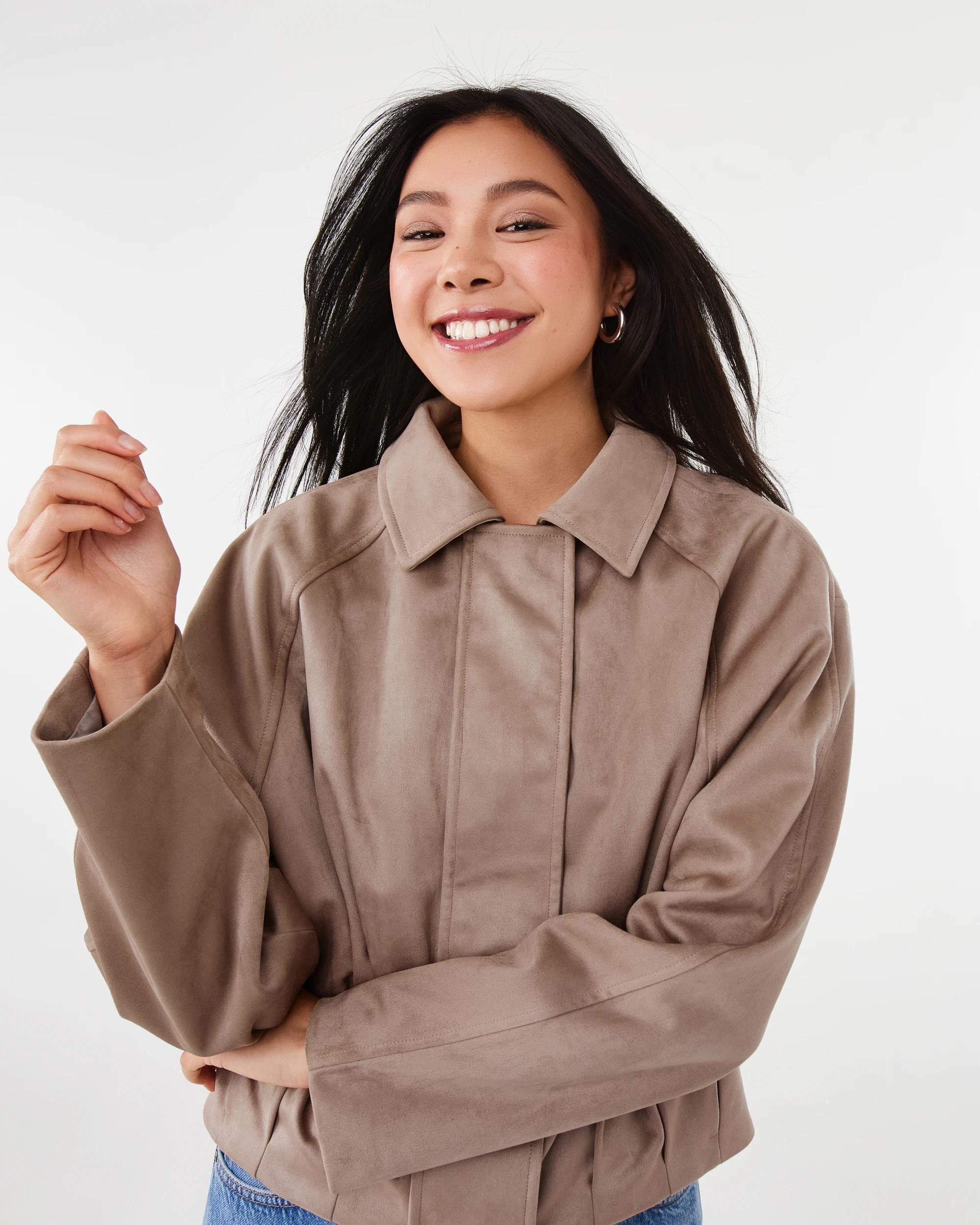 5 Suedette Bubble Hem Bomber Jacket Lt Stone, 5 of 7