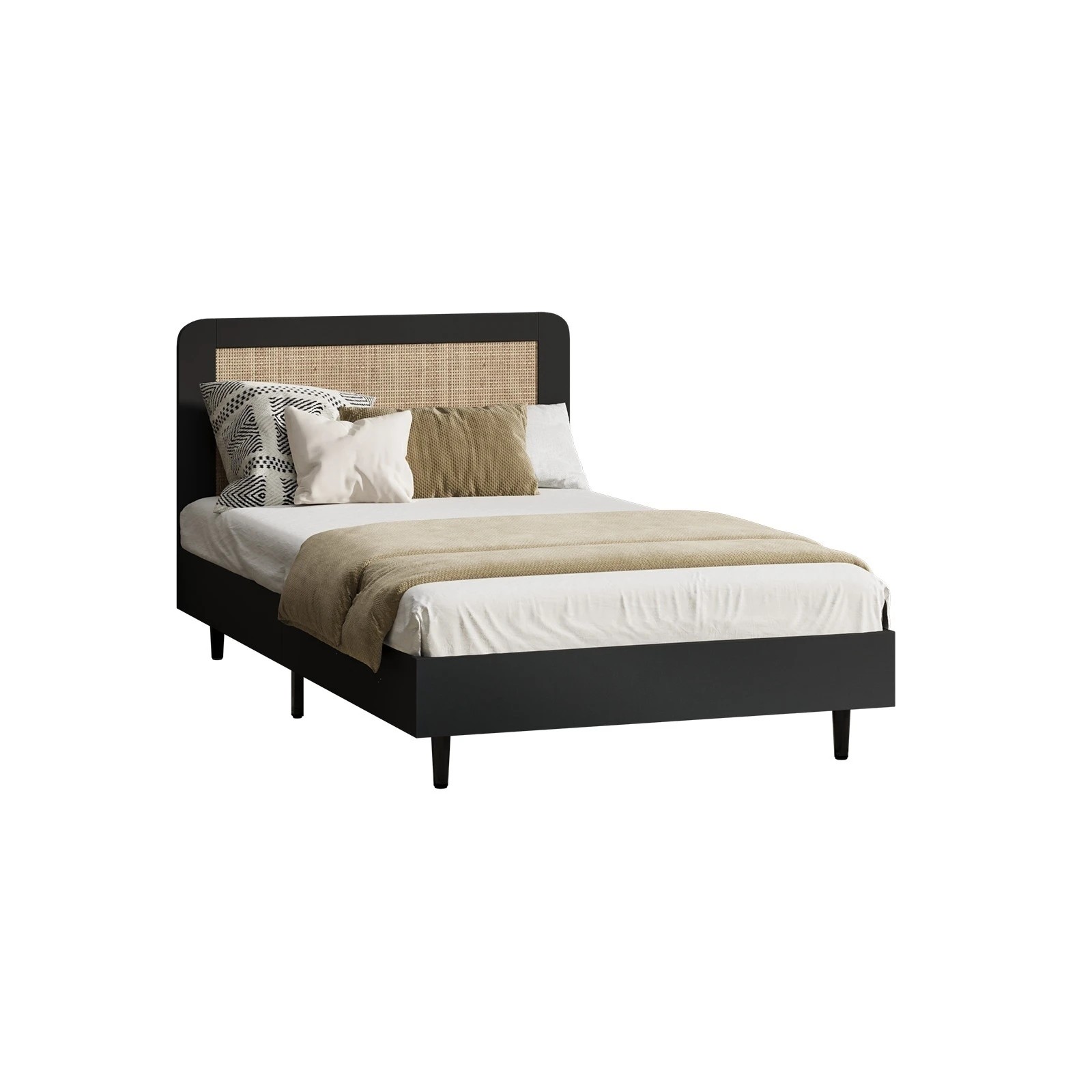 1 Oikiture Bed Frame King Single Size Beds Real Rattan Headboard - Black, 1 of 10