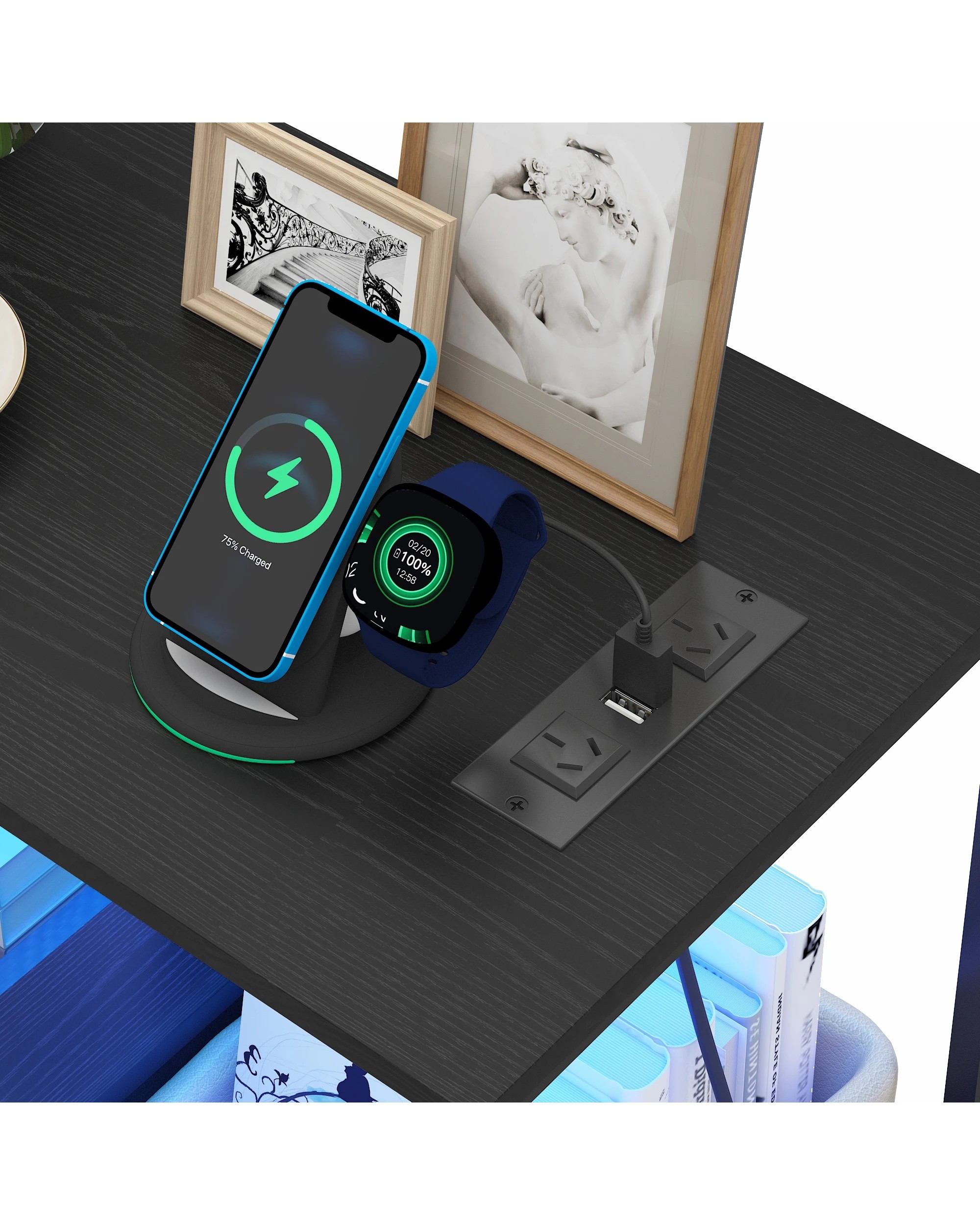 9 Advwin LED Side Table Sofa End Table w/ Power Outlets & Wheels Slim Bedside Table w/Reversible Drawer  - Black, 9 of 10