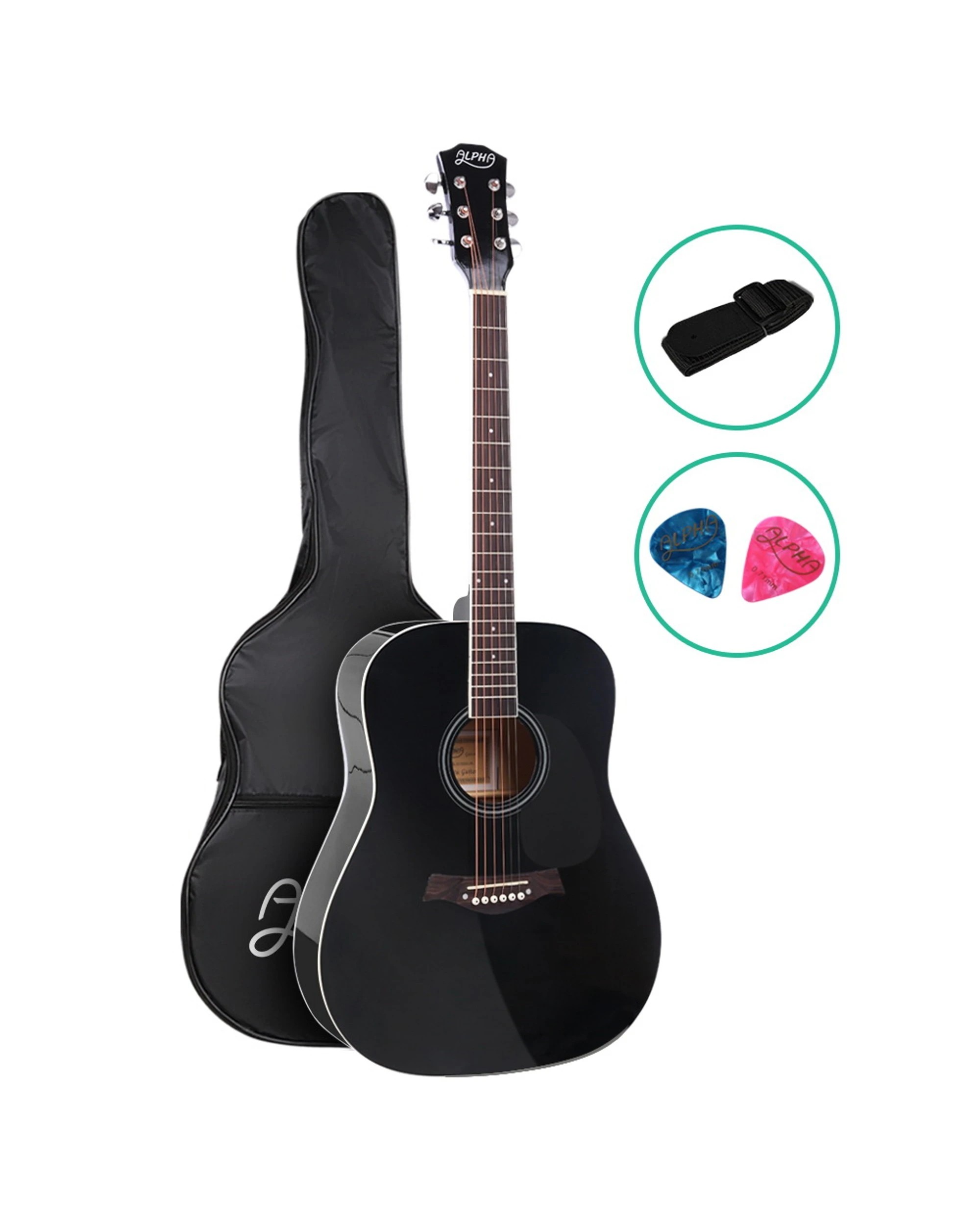 1 Alpha 41 Inch Acoustic Guitar Wooden Body Steel String Dreadnought - Black, 1 of 7