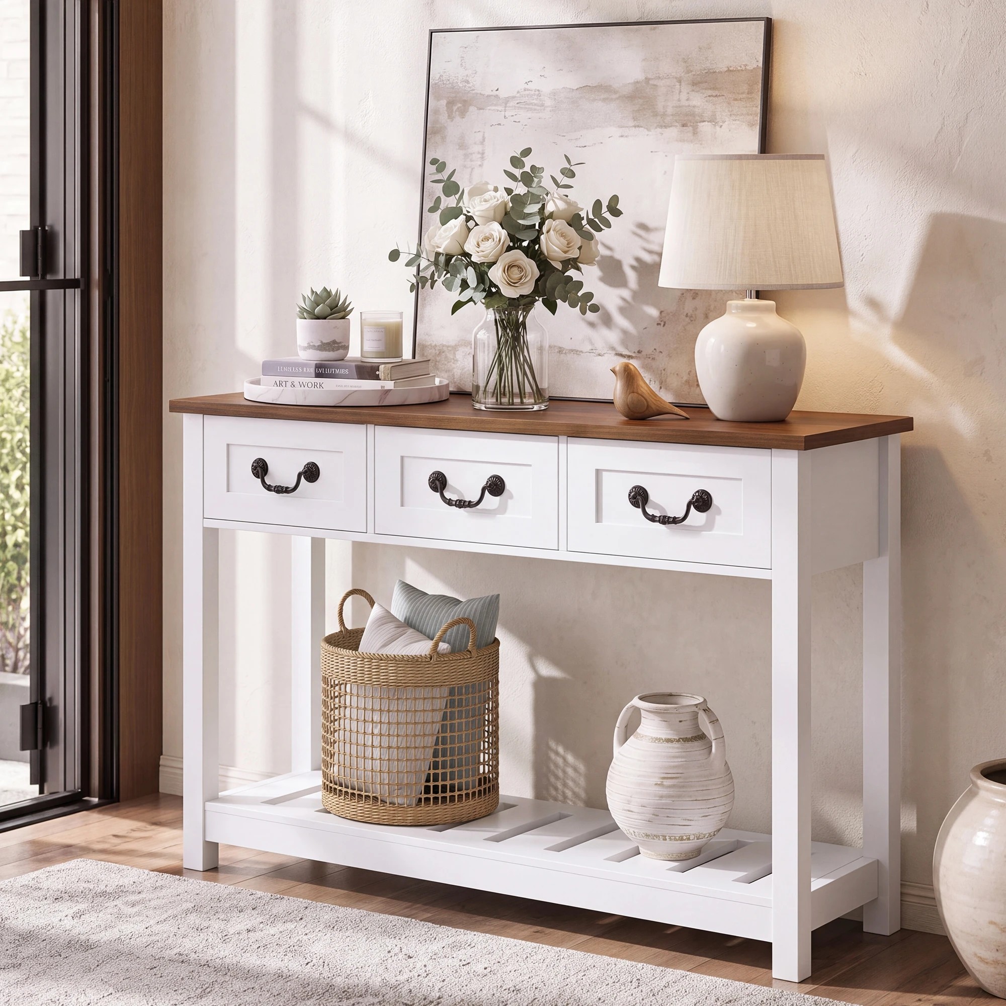 3 Advwin 100cm Console Table with 3 Drawers & Open Shelf Vintage Narrow Hallway Table - White, 3 of 8