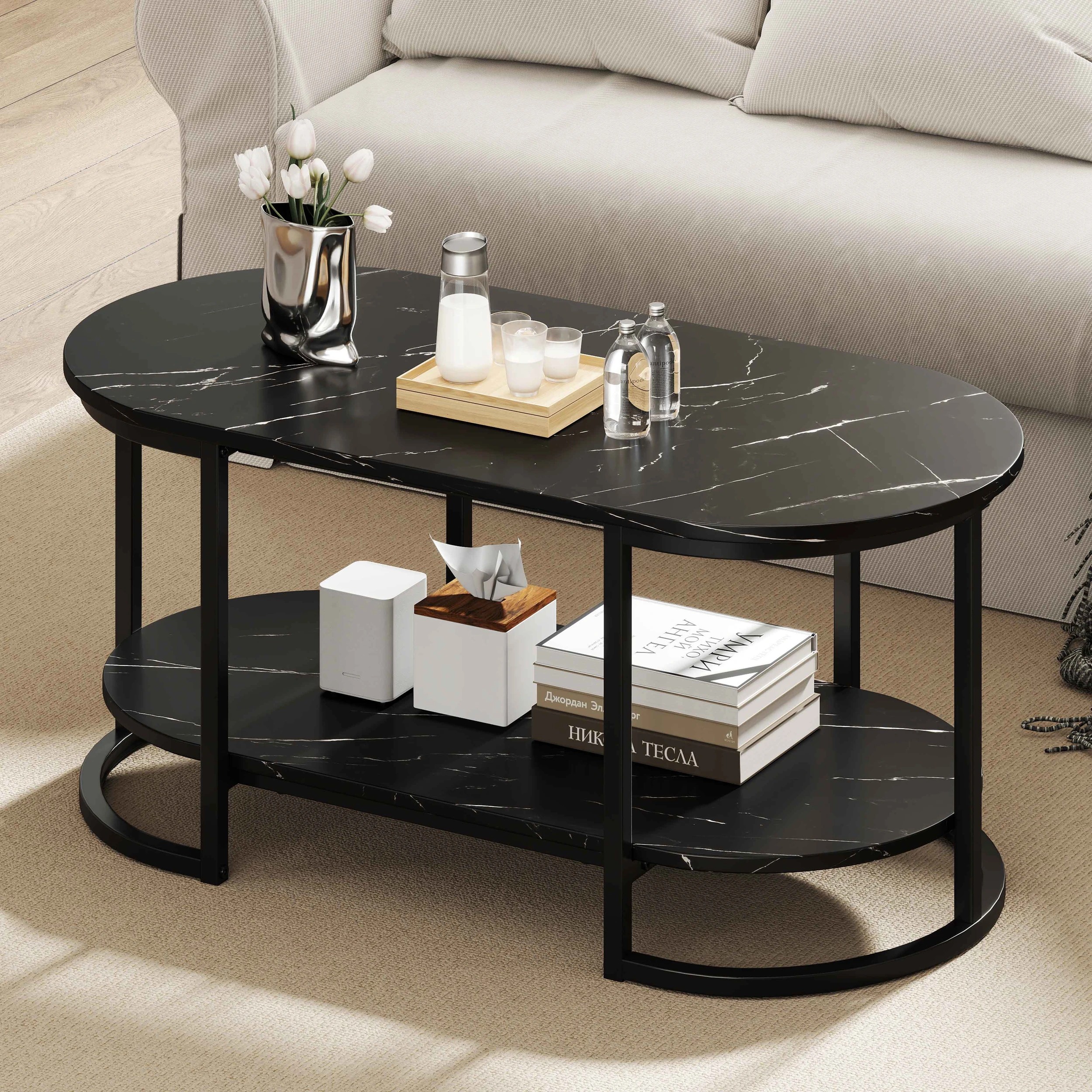 2 Costway 3-Tier Coffee Table Metal Frame Center Table Ample Desktop w/Storage Shelf, 2 of 5