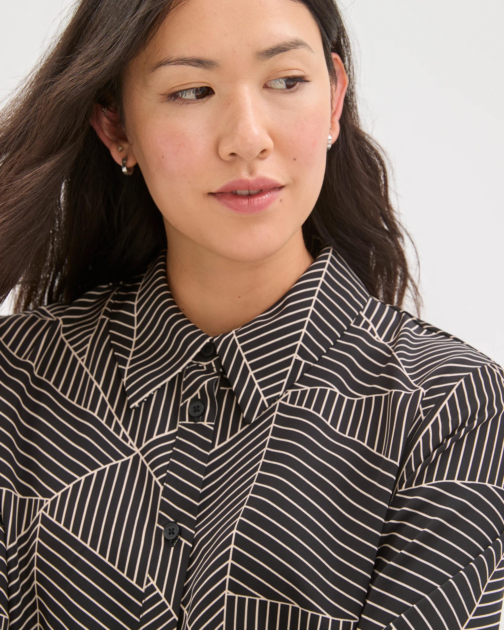 5 Preview Long Sleeve Crossover Midi Shirt Dress BLACK SPLICED GEO, 5 of 7