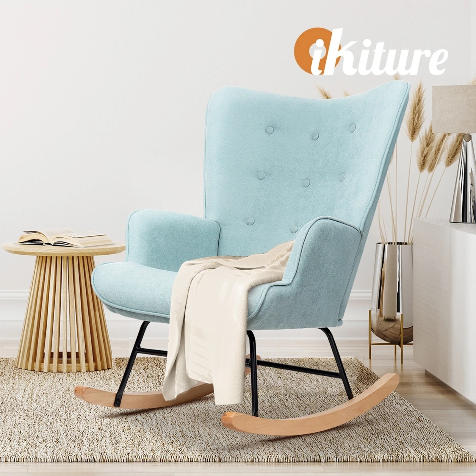 5 Oikiture Rocking Chair Nursing Armchair Linen Accent Chairs Upholstered
 - Blue, 5 of 10