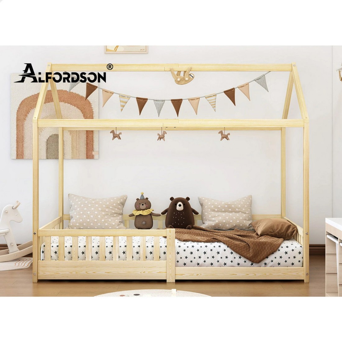 8 Alfordson Kids Bed Frame Wooden Timber Single House Frame Platform Base - Natural, 8 of 10