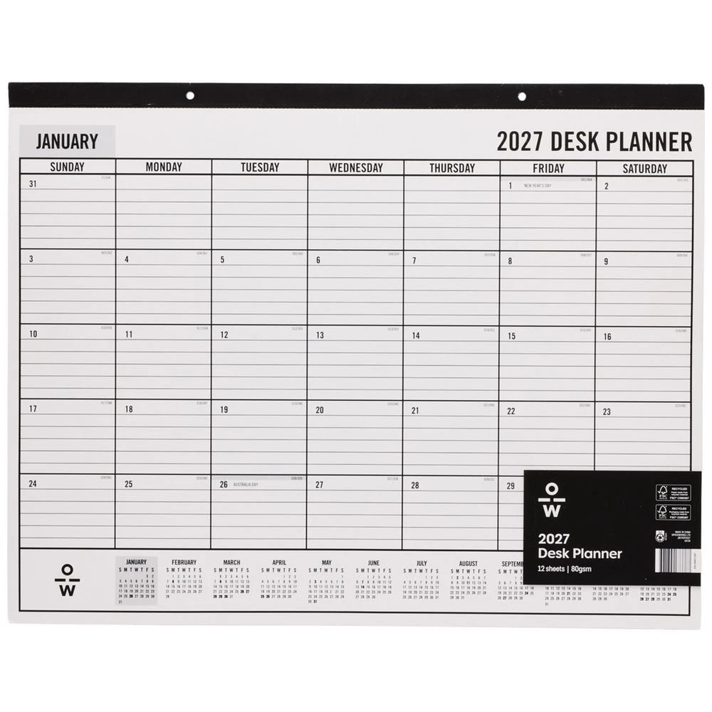 1 Officeworks A2 Desk Planner Month to View 2027, 1 of 2