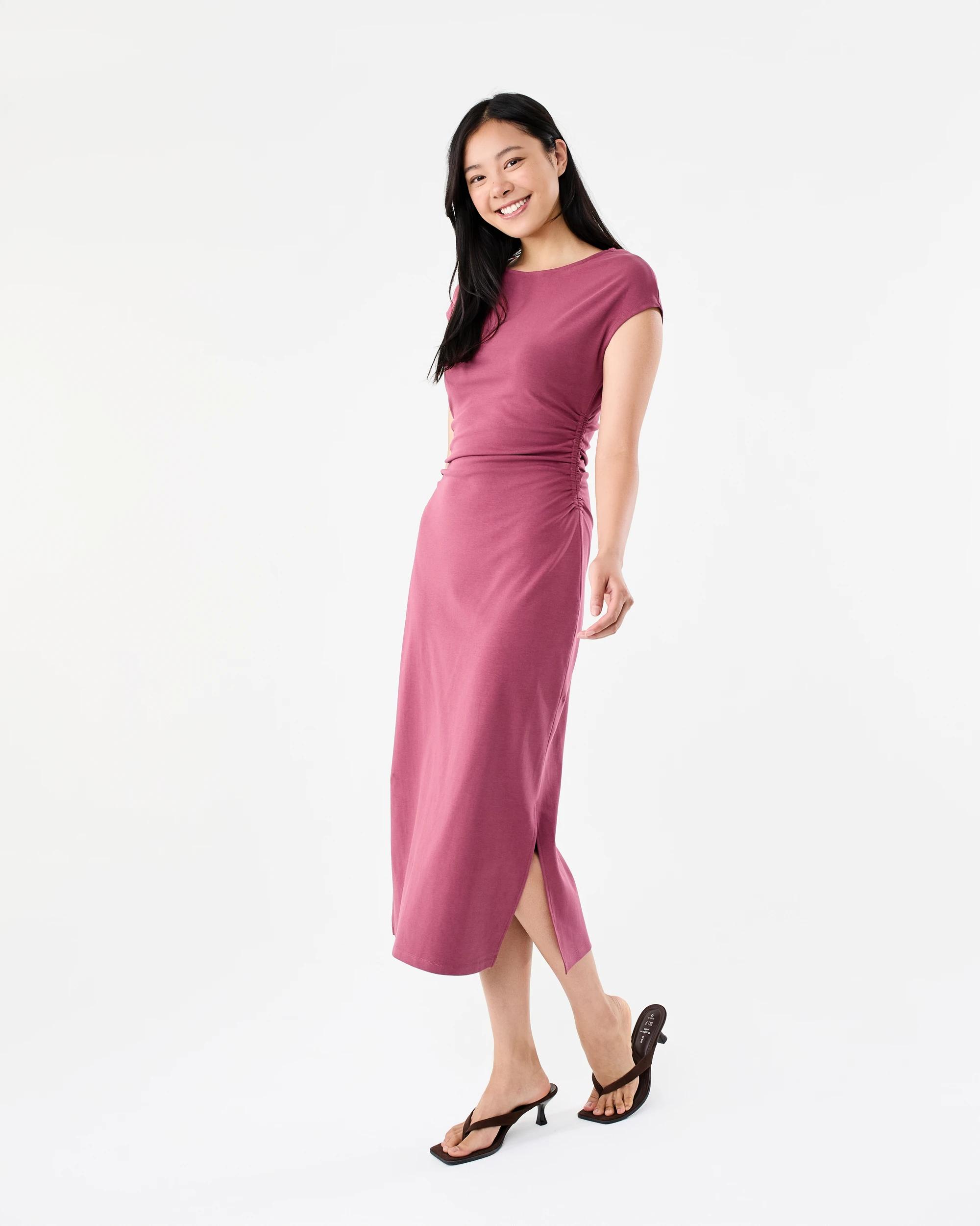 2 Short Sleeve Gathered Waist Midi Dress Maroon, 2 of 9