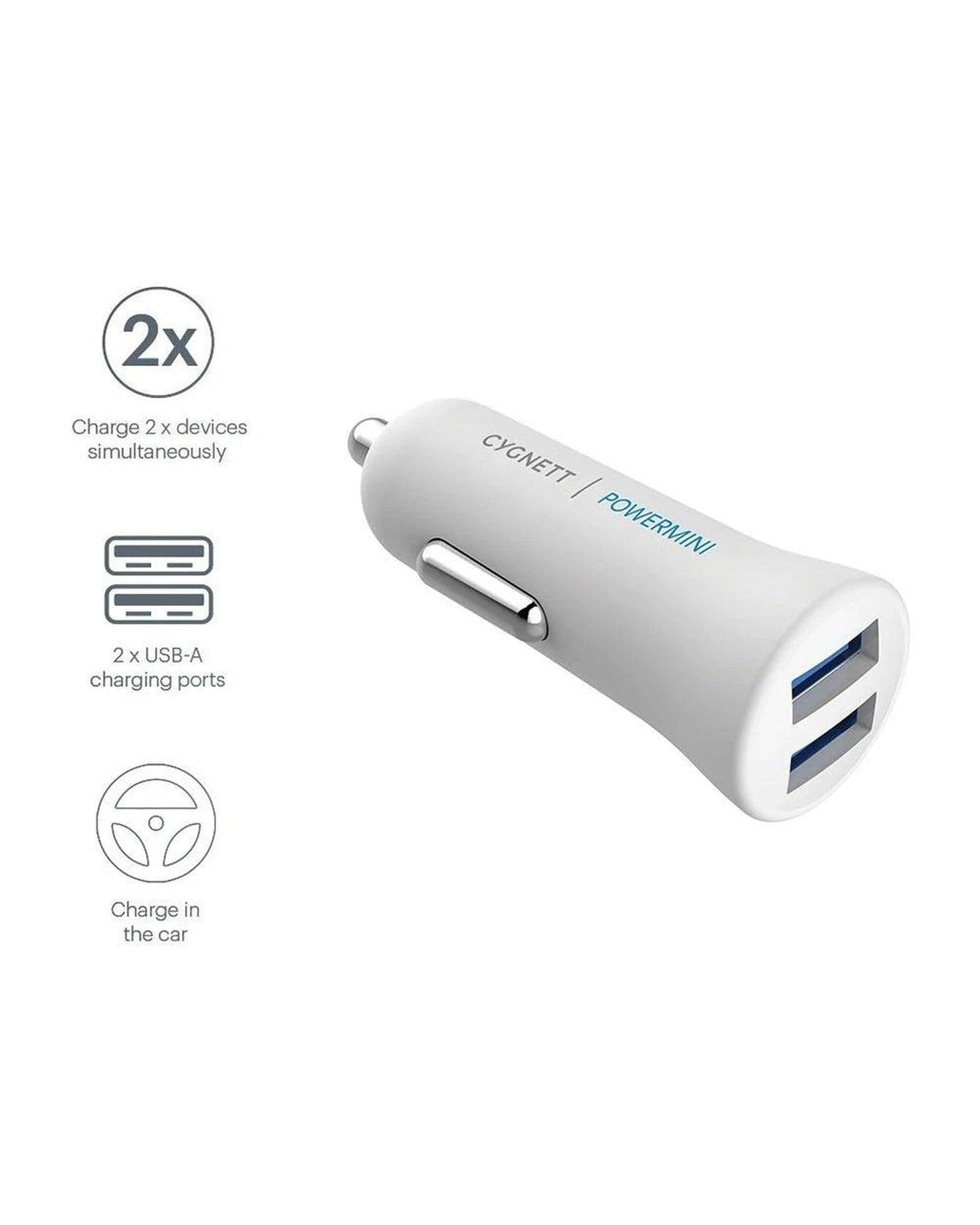2 Cygnett CY1993PAPM2 PowerMini White 2.4A Dual USB Car Charger - White, 2 of 2