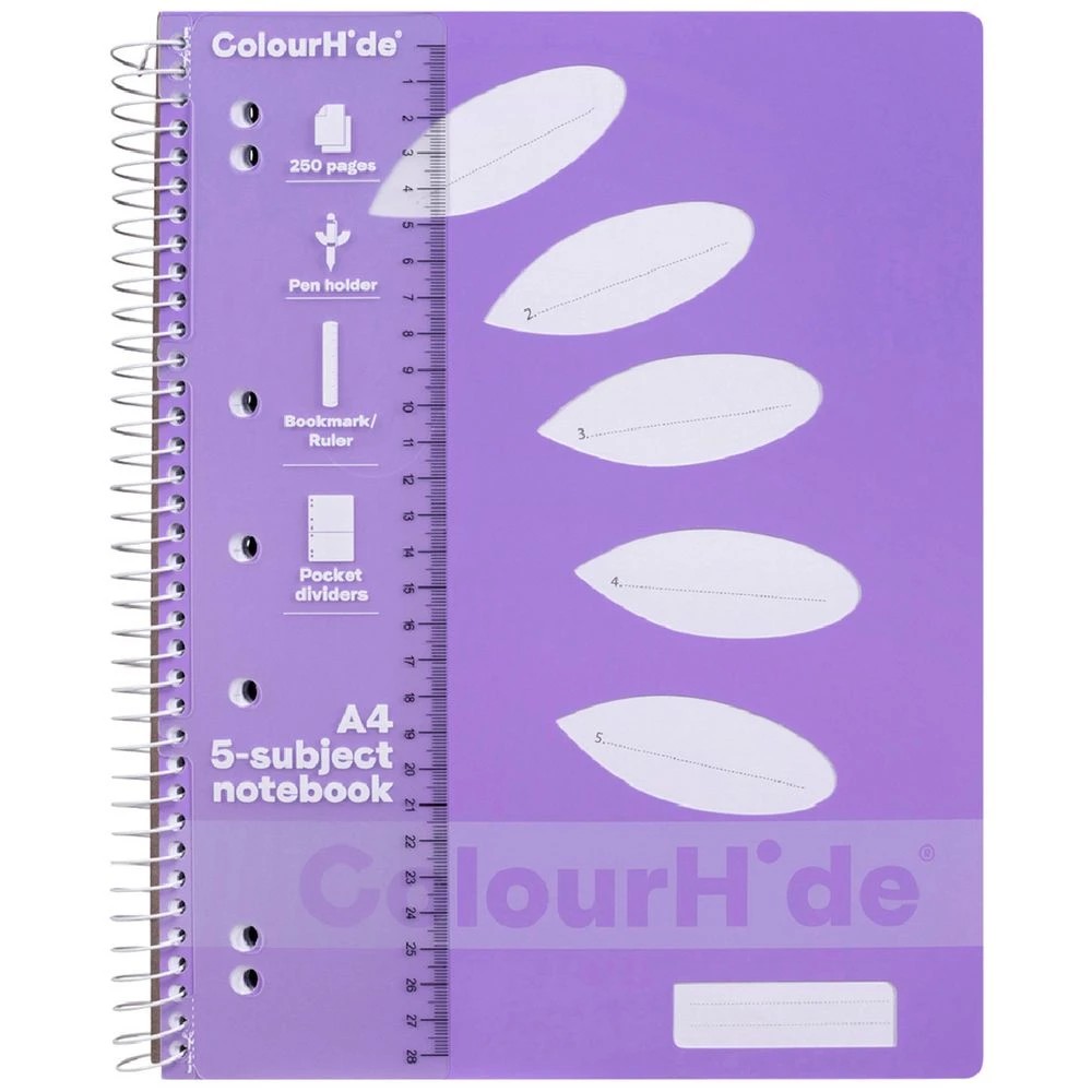 1 Colourhide A4 5 Subject Book 250 Page Lavender, 1 of 2