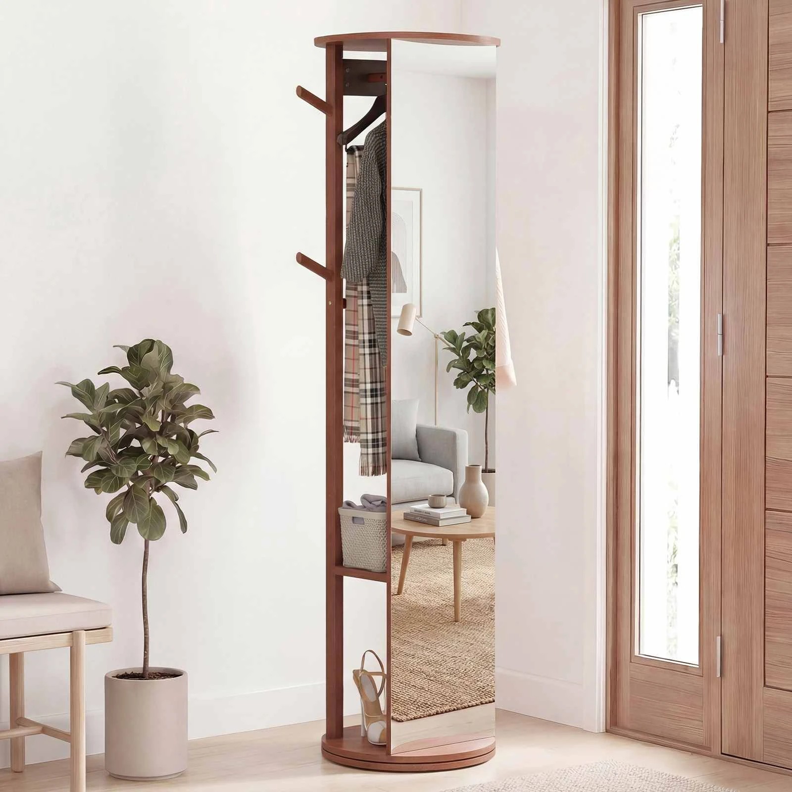 4 Costway 3-in-1 Full Length Mirror Swivel Coat Rack Stand Shoe Storage Shelf w/Hooks - Brown, 4 of 5