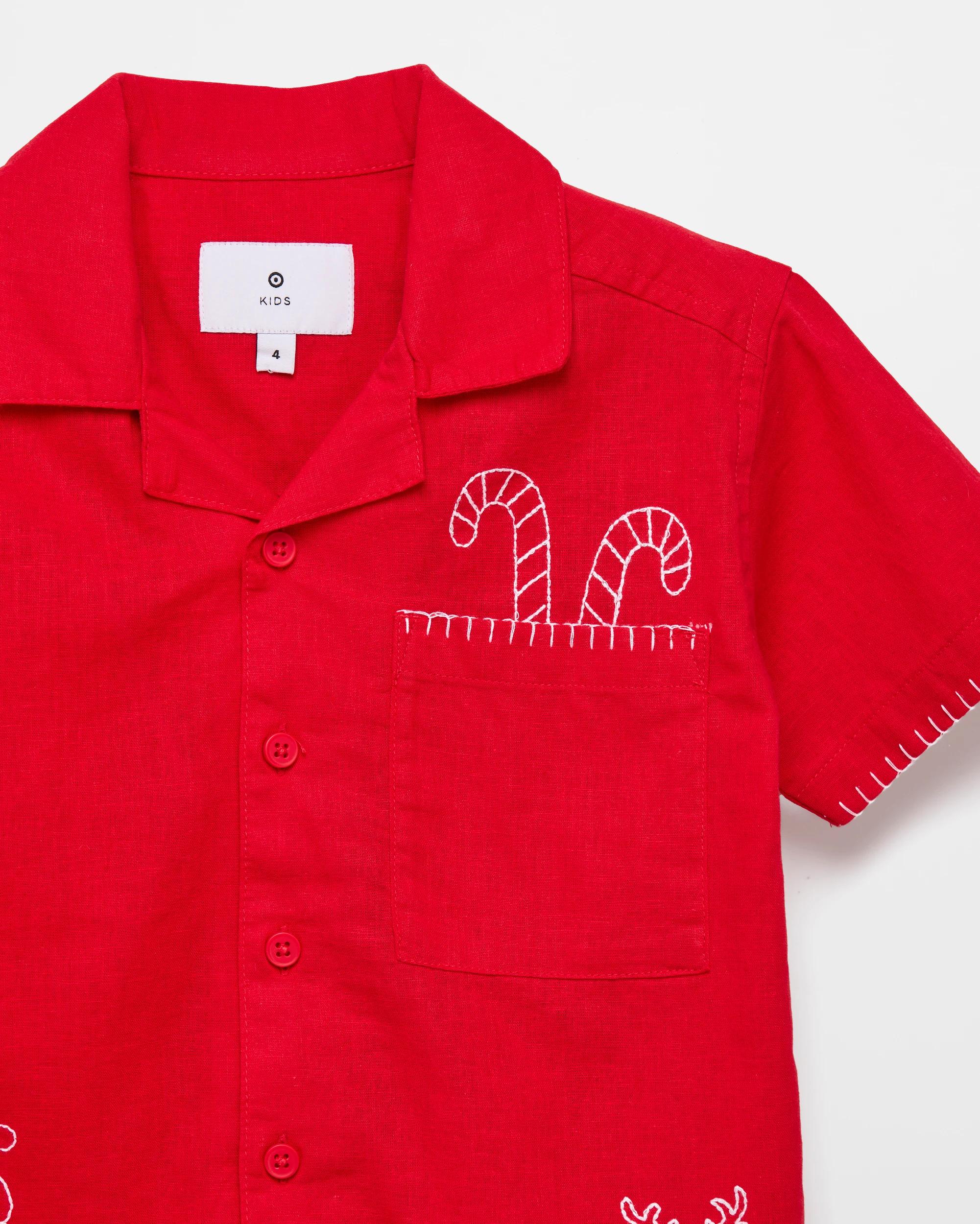 2 Target Cotton Linen Blend Christmas Embroidered Shirt RED, 2 of 2