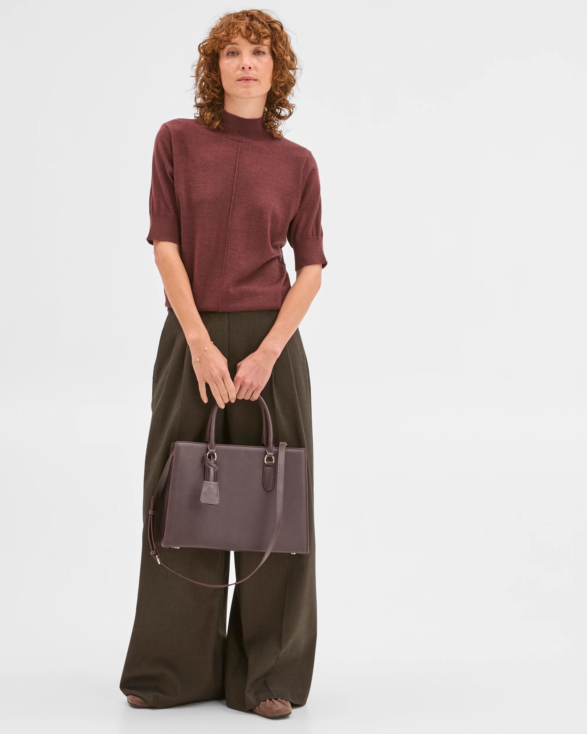 1 Preview Merino Wool Mock Neck Stitch Detail Top RUM RAISIN, 1 of 7