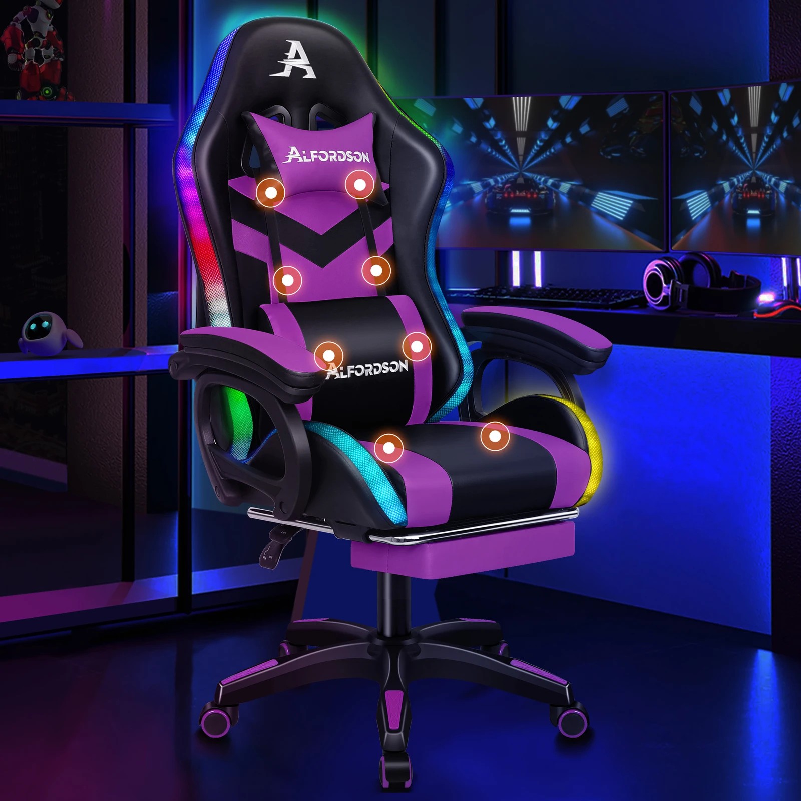 4 Alfordson Gaming Office Chair 12 RGB LED Massage Computer Seat Footrest - Purple, 4 of 10