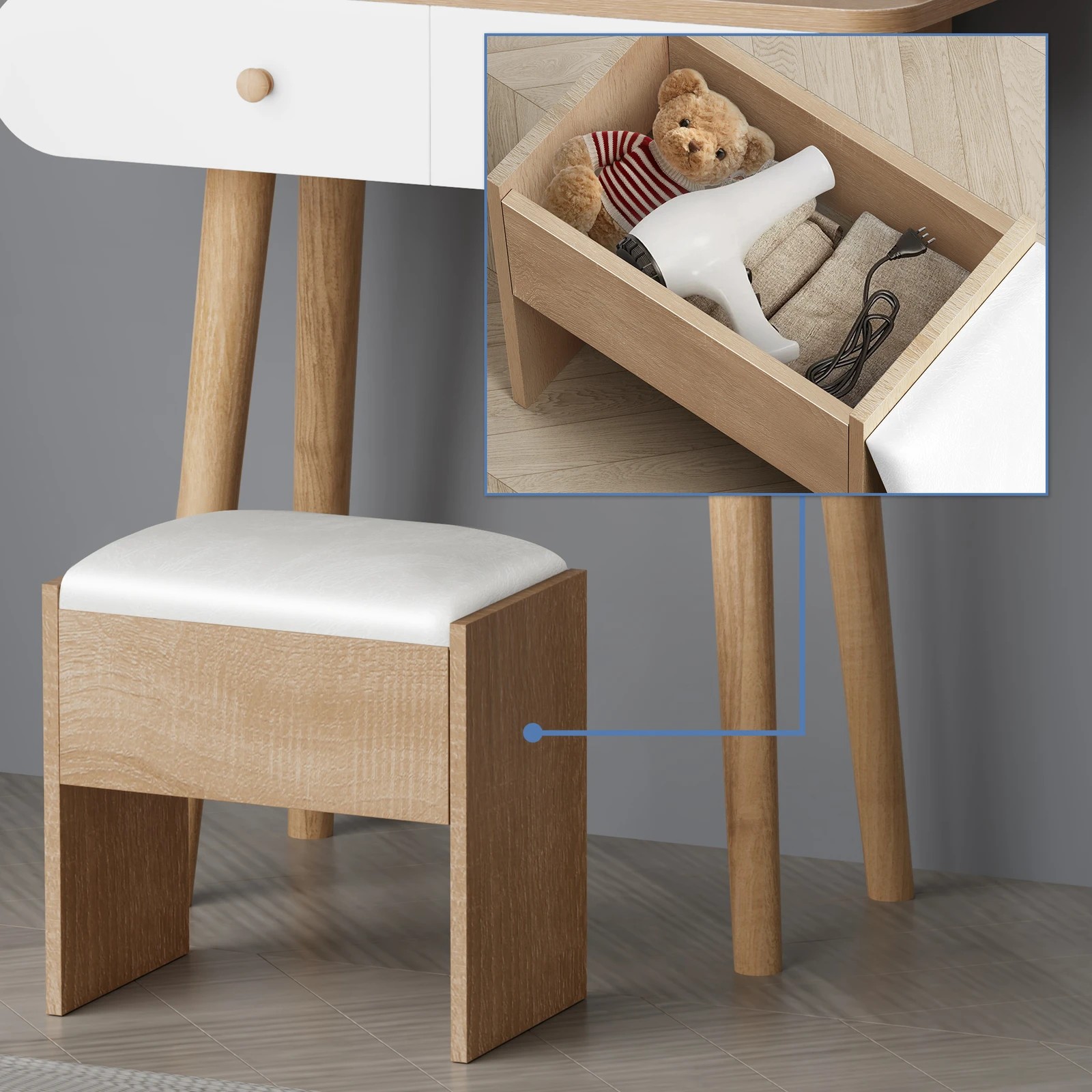 6 Alfordson Dressing Table Stool Set Makeup Mirror Vanity LED Light - Natural, 6 of 10