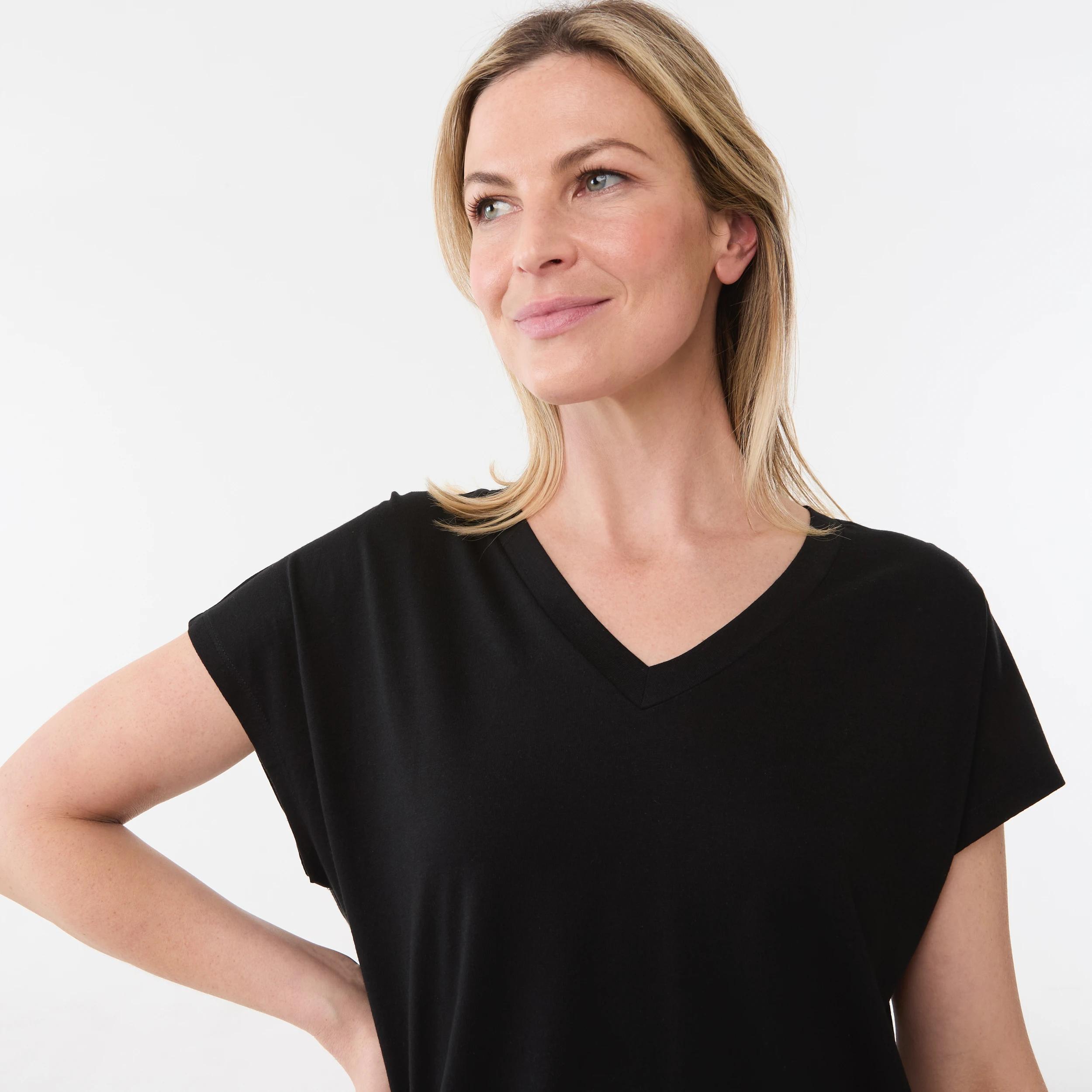 4 Short Extended Sleeve V-Neck T-shirt BLACK, 4 of 5