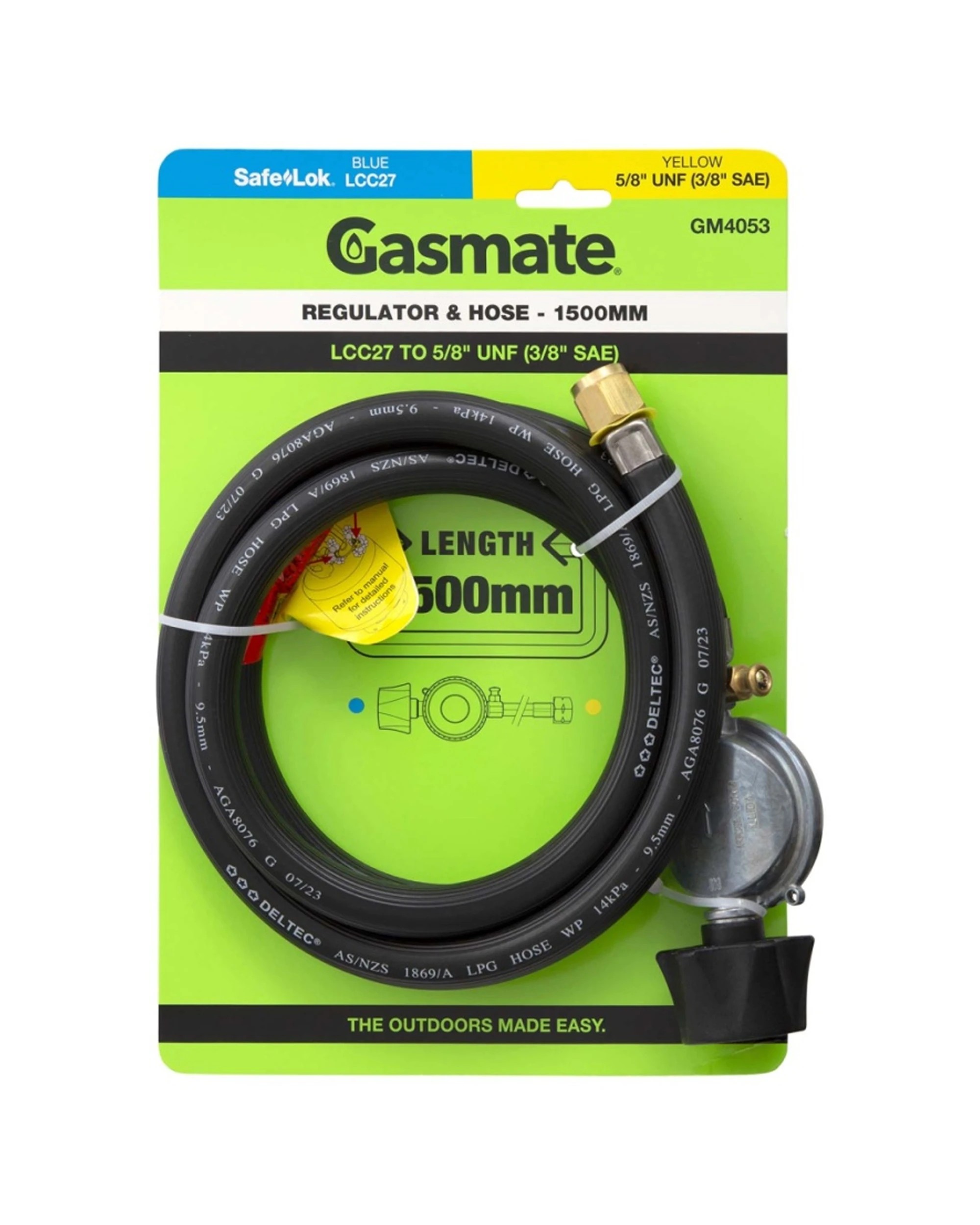 1 Gasmate Regulator And Hose 1500mm LCC27 To 5/8 UNF 3/8 SAE - Black, 1 of 3