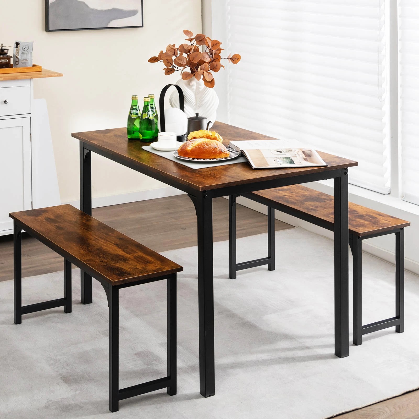 3 Costway 3PCS Wood Dining Table & Chairs Set Dining Furniture Set Steel Frame, 3 of 4
