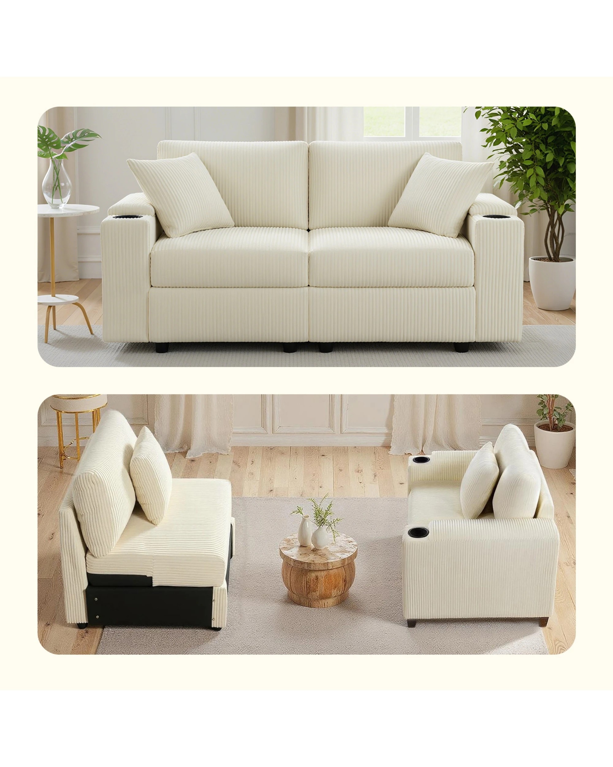 3 Advwin 182cm 2 Seater Sofa Corduroy Modular Lounge Couch w/ Storage Armrests & Cup Holder, 3 of 9