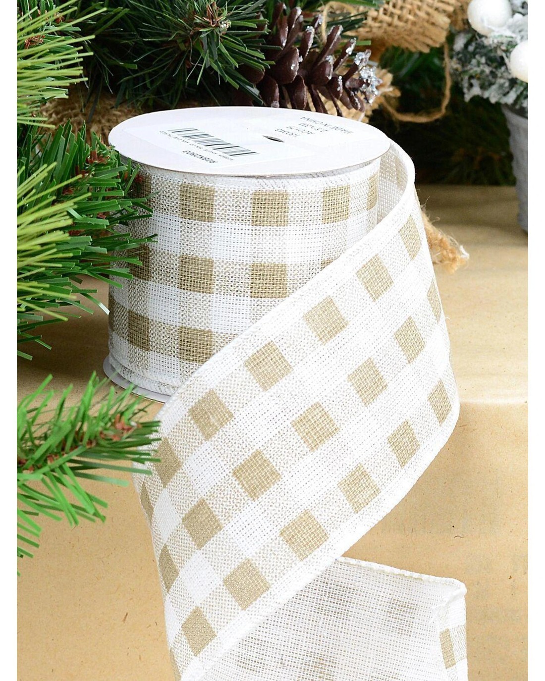 Christmas Warehouse Wired White Hessian Ribbon With Olive Green Tartan ...