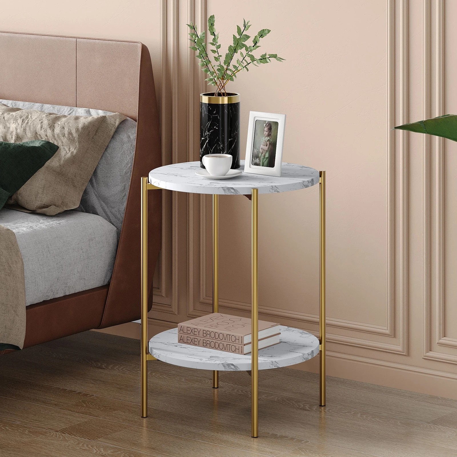 2 Alfordson Side Table Bedside Table Sofa End Nightstand Marble Shelf - Gold, 2 of 7