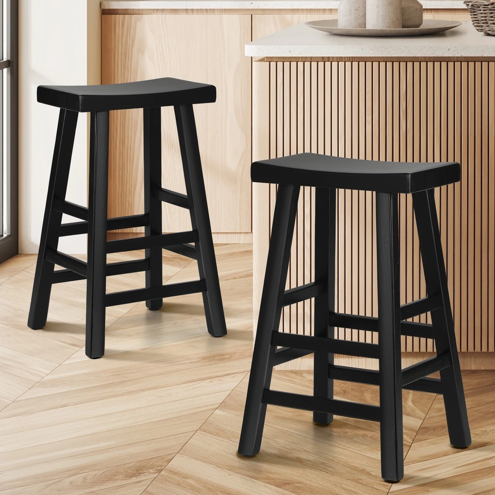 2 Oikiture 2x Bar Stools Kitchen Stool Wooden Counter Chairs Barstools
 - Black, 2 of 10