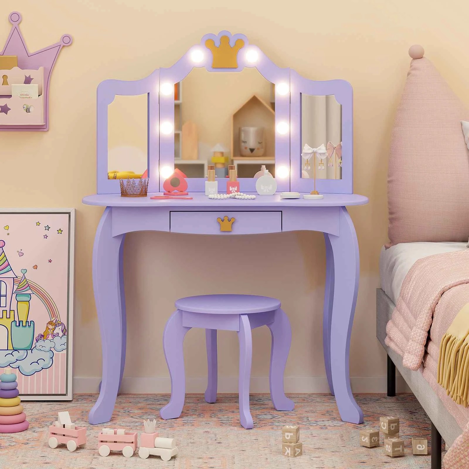 3 Costway 2-in-1 Vanity Table & Chair Set Makeup Dressing Desk - Purple, 3 of 4