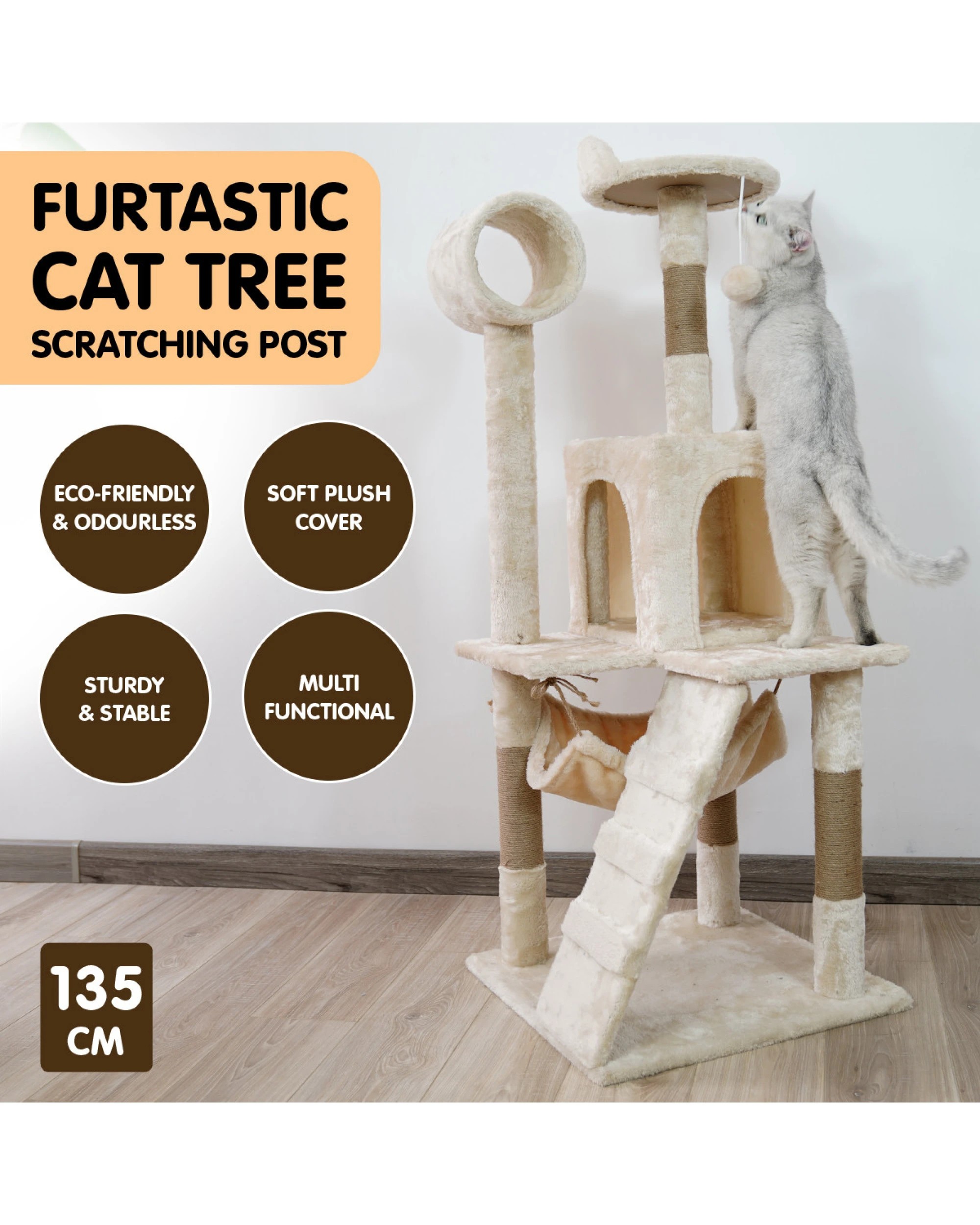 4 Furtastic 135cm Cat Tree Scratching Post - Beige, 4 of 4