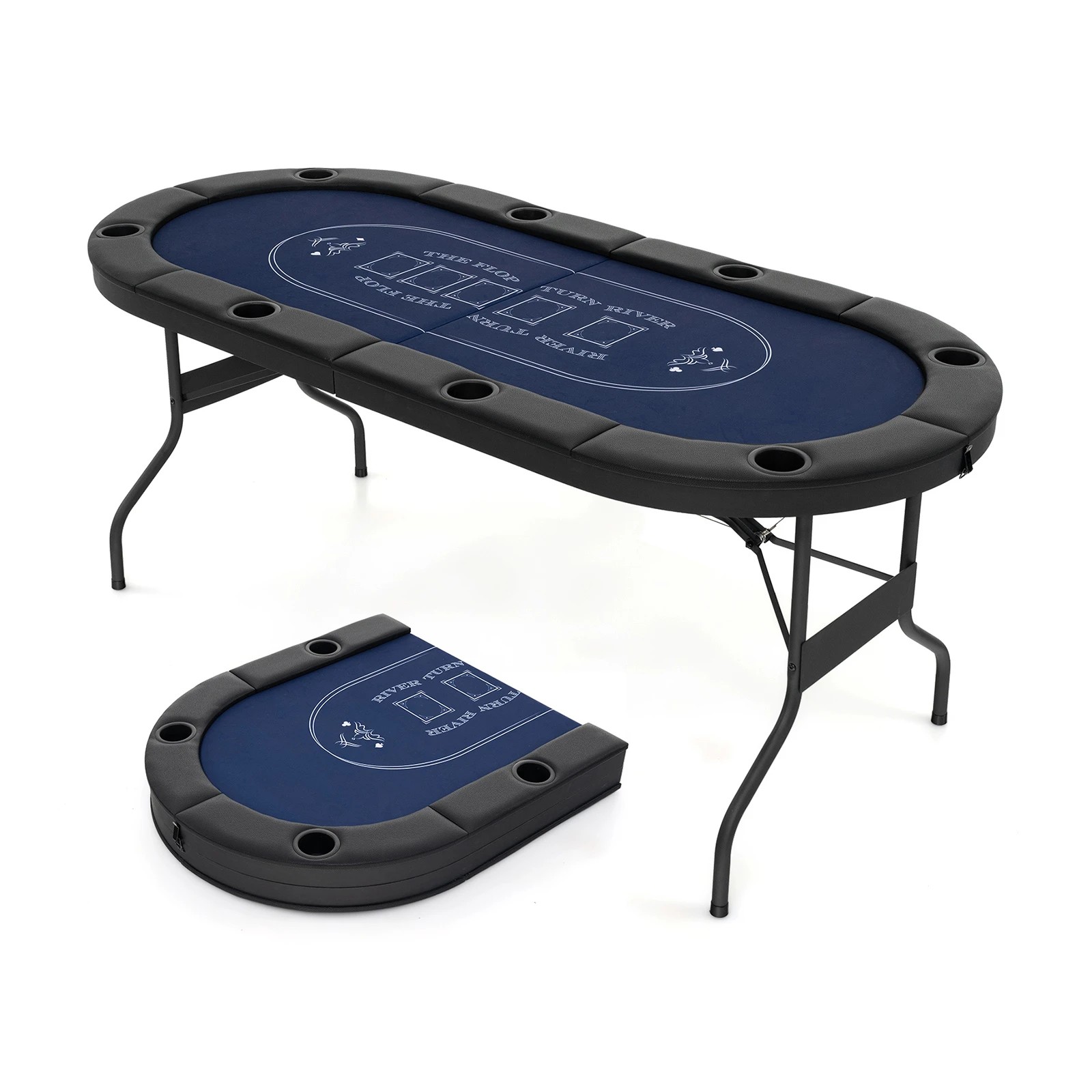 1 Costway 8-Player Foldable Poker Table Card Table w/8 Cup Holders Game Table - Blue, 1 of 3