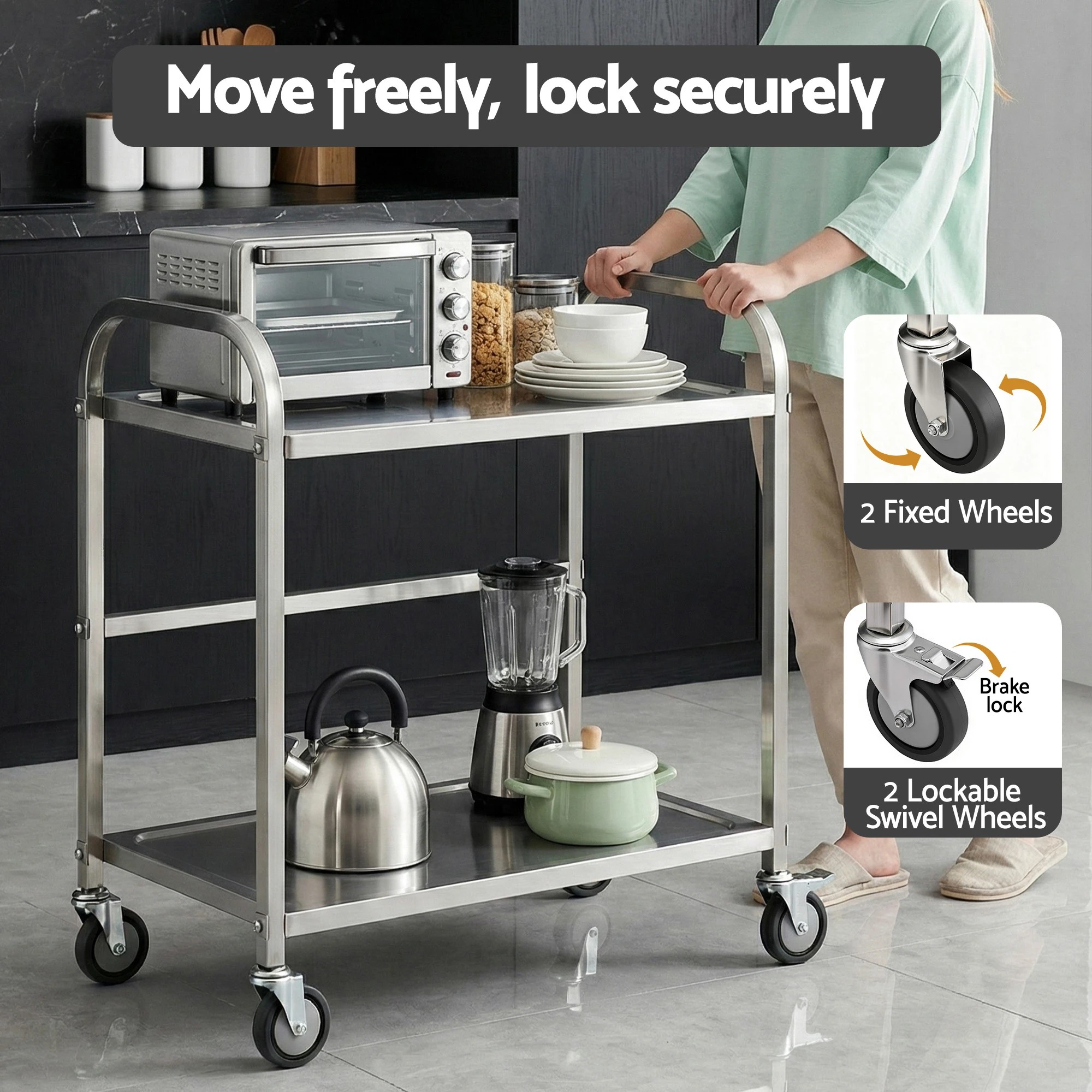 3 Cefito 2-Tier Stainless Steel Kitchen Trolley with Wheels 84x56x98cm - Silver, 3 of 6