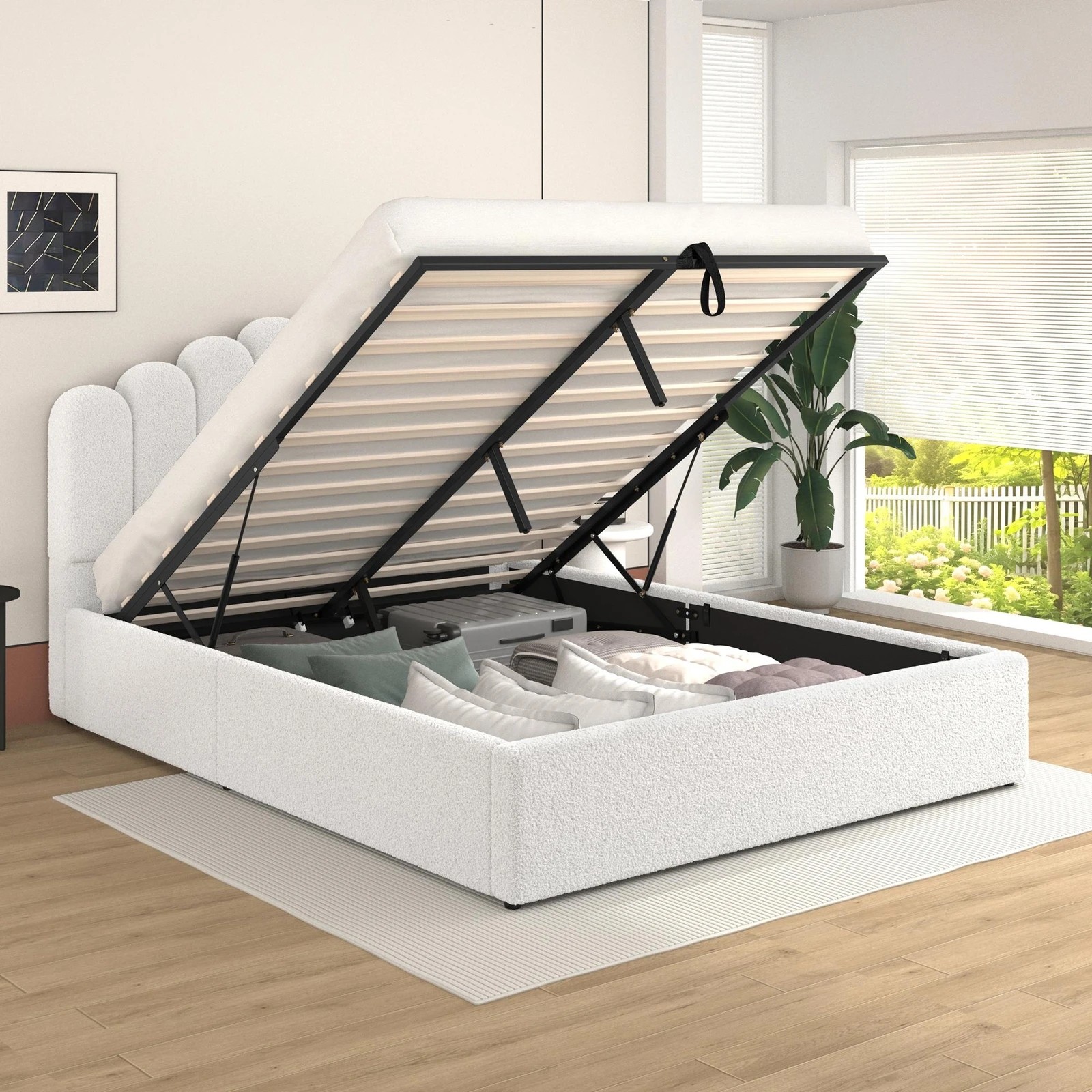 8 Alfordson Bed Frame Double Size Gas Lift Storage Base Wooden Boucle Milton - White, 8 of 10