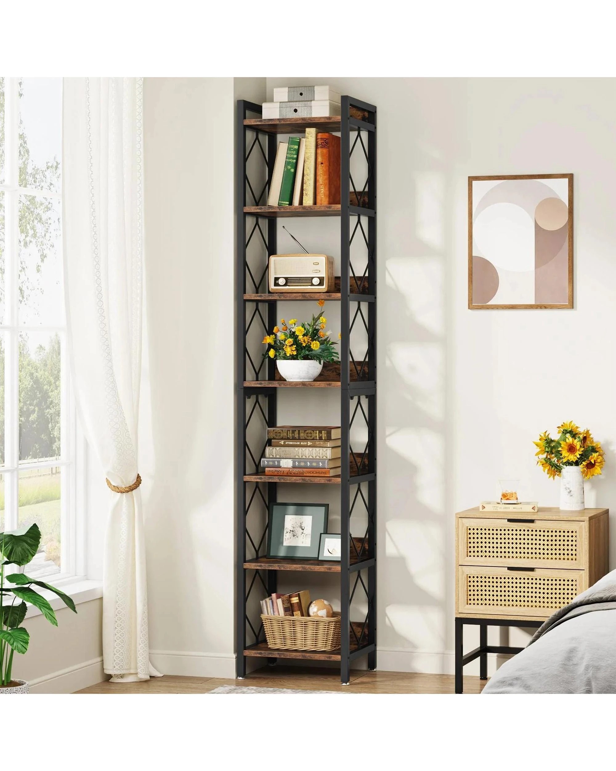 2 OAKORY 7-Tier Corner Shelf, 200cm Tall Bookcase with Sturdy Metal Frame & Open Shelf  Freestanding, 2 of 7
