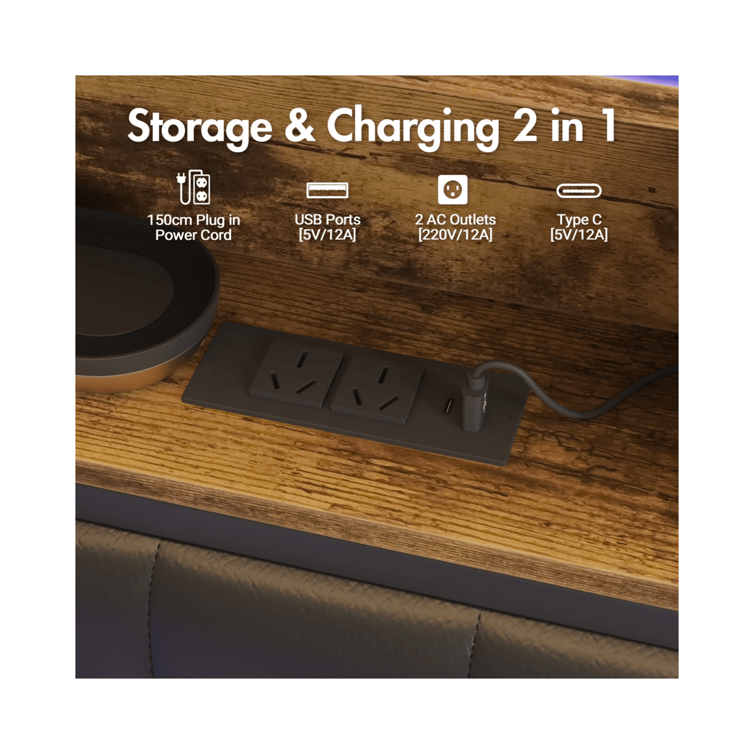 5 Advwin Double Bed Frame With Charging Station & Led Storage Bookcase, 5 of 8