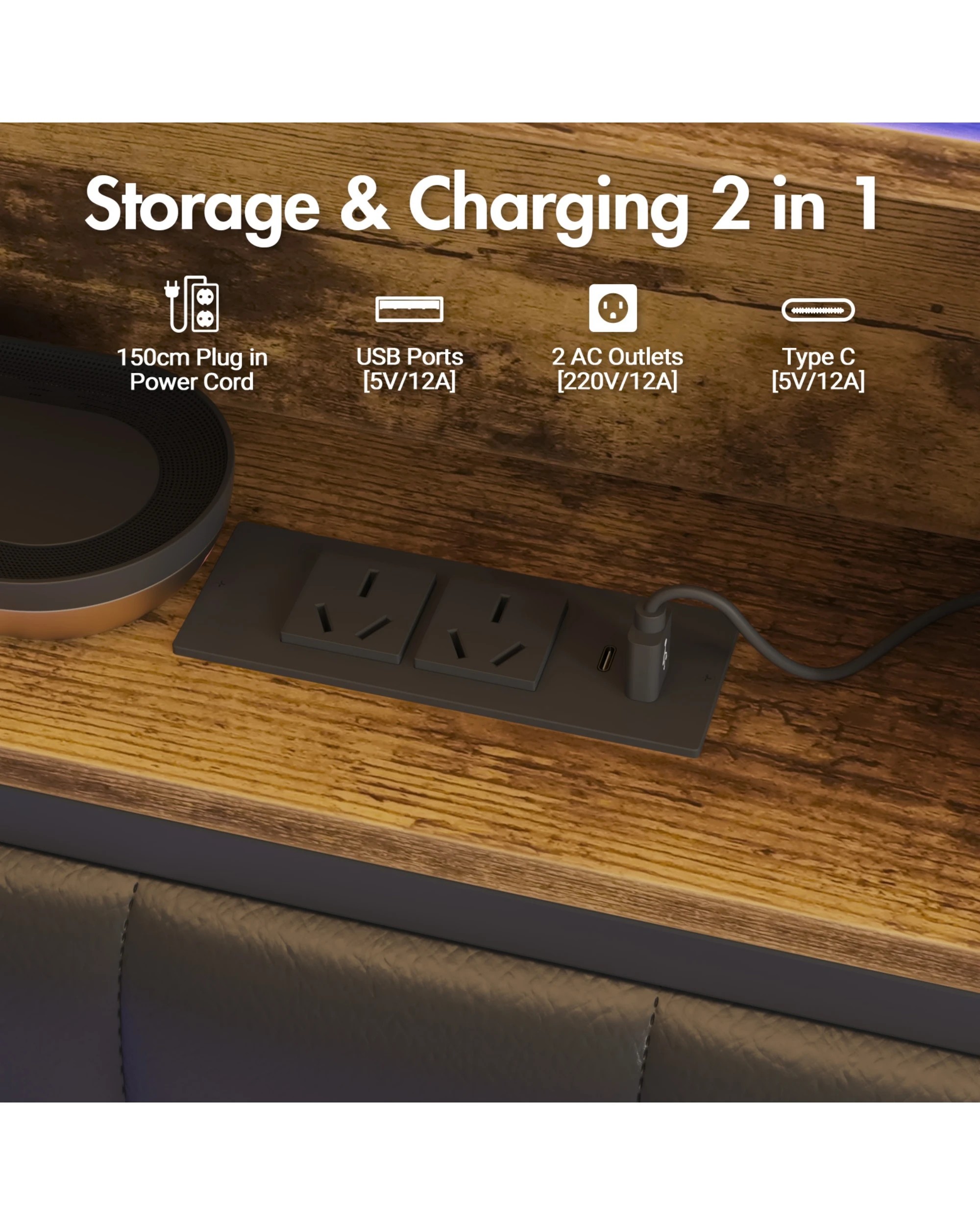 5 Advwin Double Bed Frame With Charging Station & Led Storage Bookcase, 5 of 6