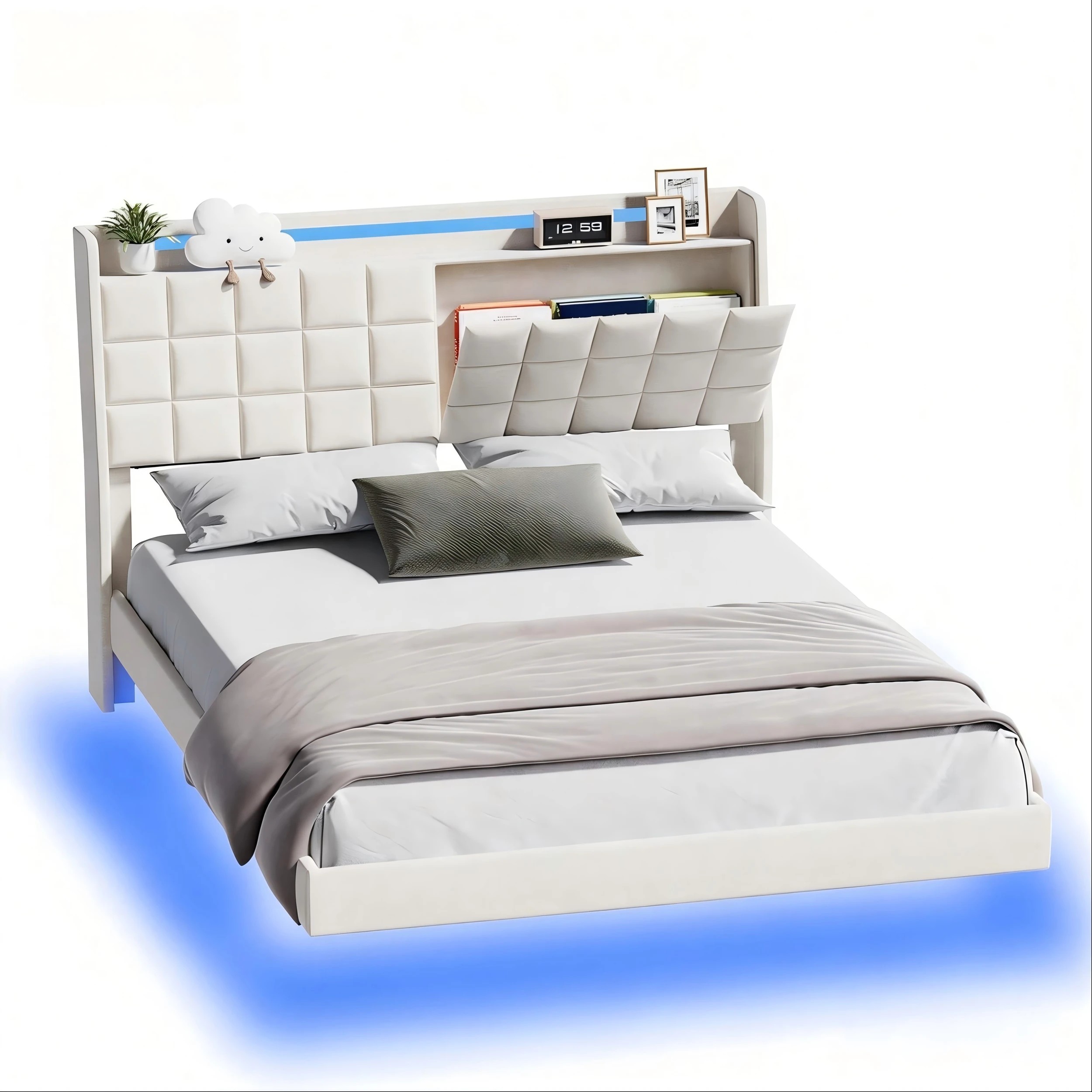 1 Advwin Queen Floating Bed Frame with LED Lights and Storage Headboard - Beige, 1 of 6