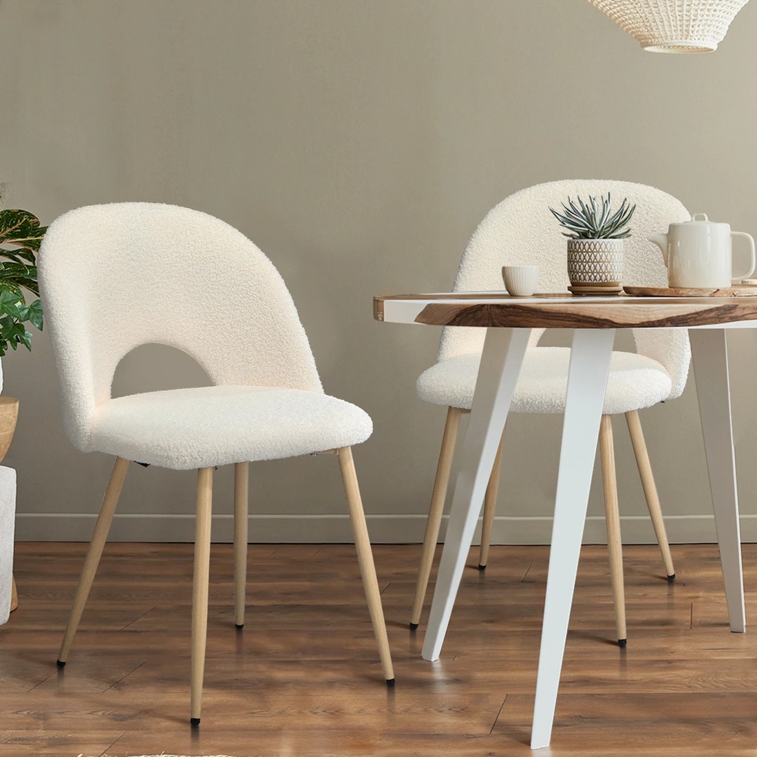 3 Oikiture 2PCS Dining Chairs Accent Chair Armchair Sherpa Wooden - White, 3 of 9