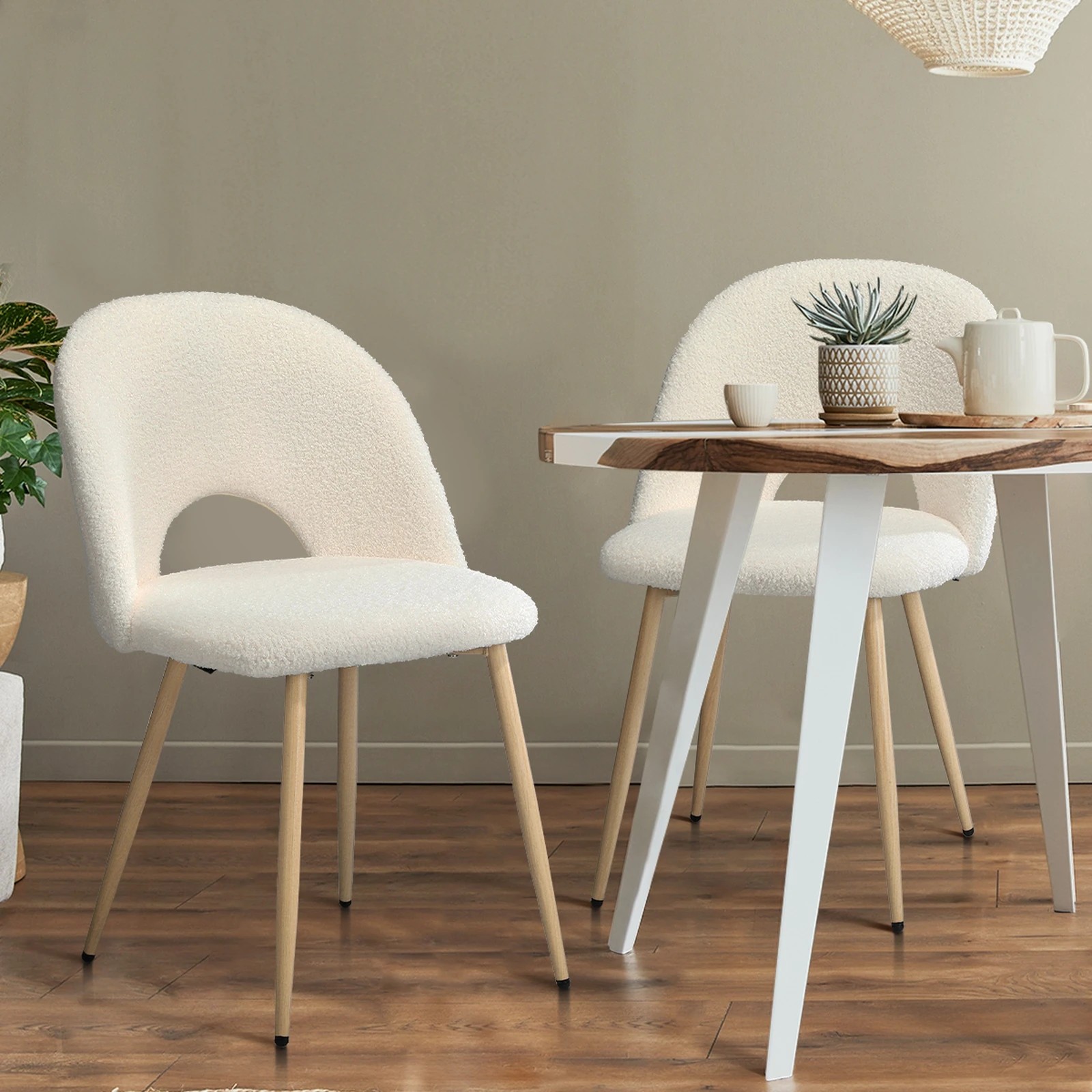 3 Oikiture 2PCS Dining Chairs Accent Chair Armchair Sherpa Wooden - White, 3 of 9