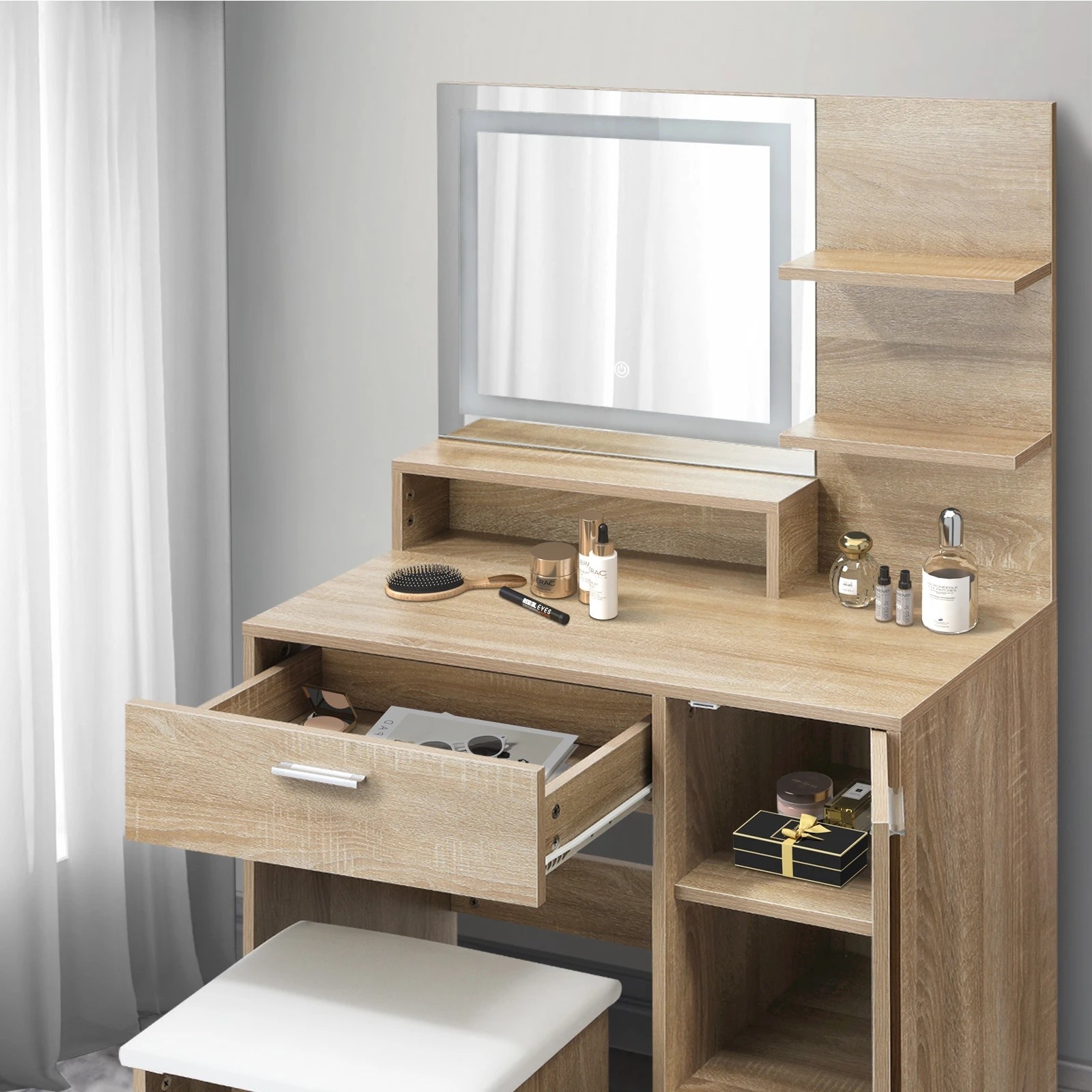 5 Oikiture Dressing Table Stool Set Makeup Mirror Led Light Large Cabinet
 - Natural, 5 of 9